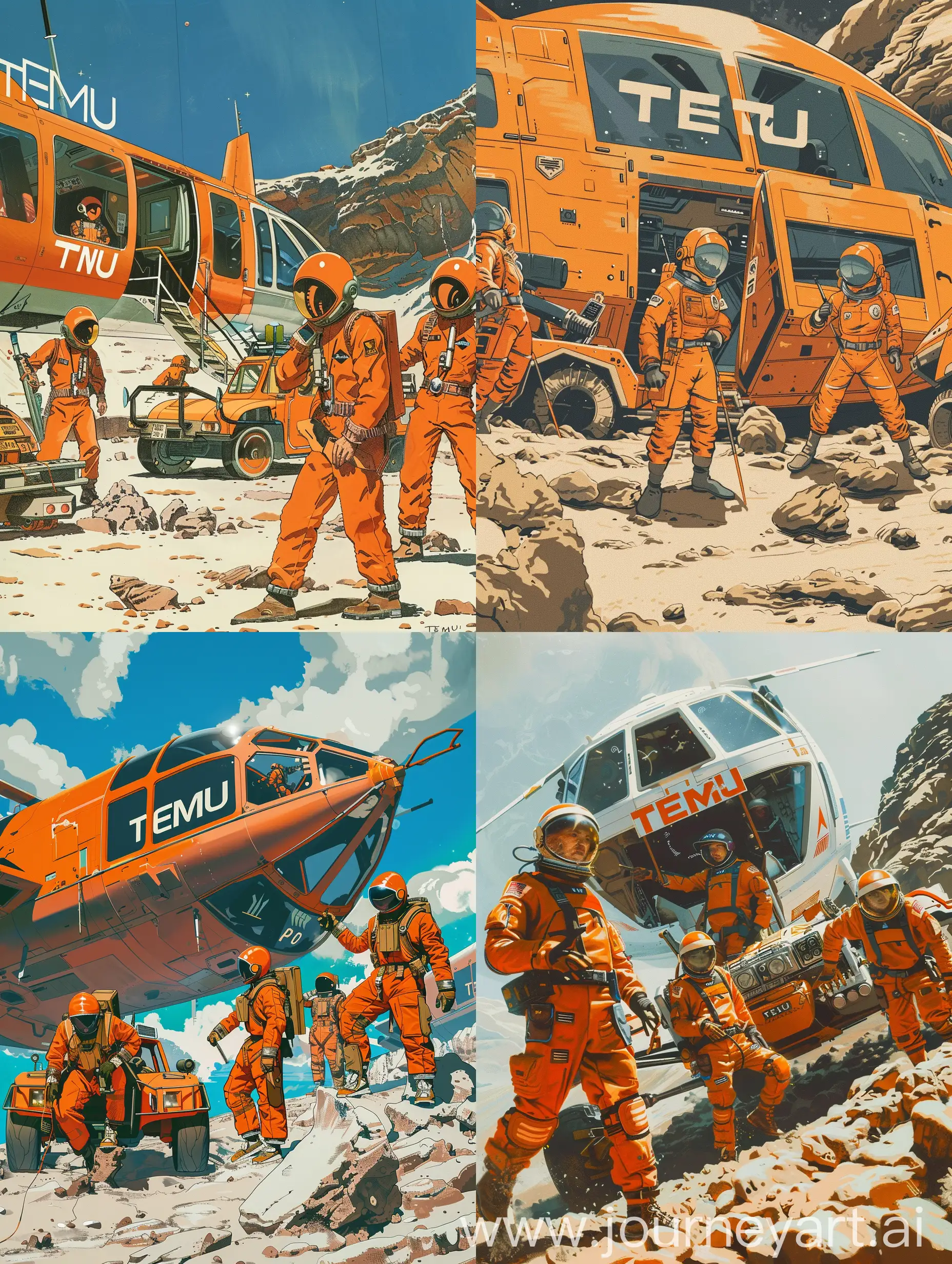 A team of futuristic space explorers on the surface of an unknown planet, disembarking from their TEMU branded spaceship and prepping for an exploration mission, orange uniforms and vehicles, retro anime style