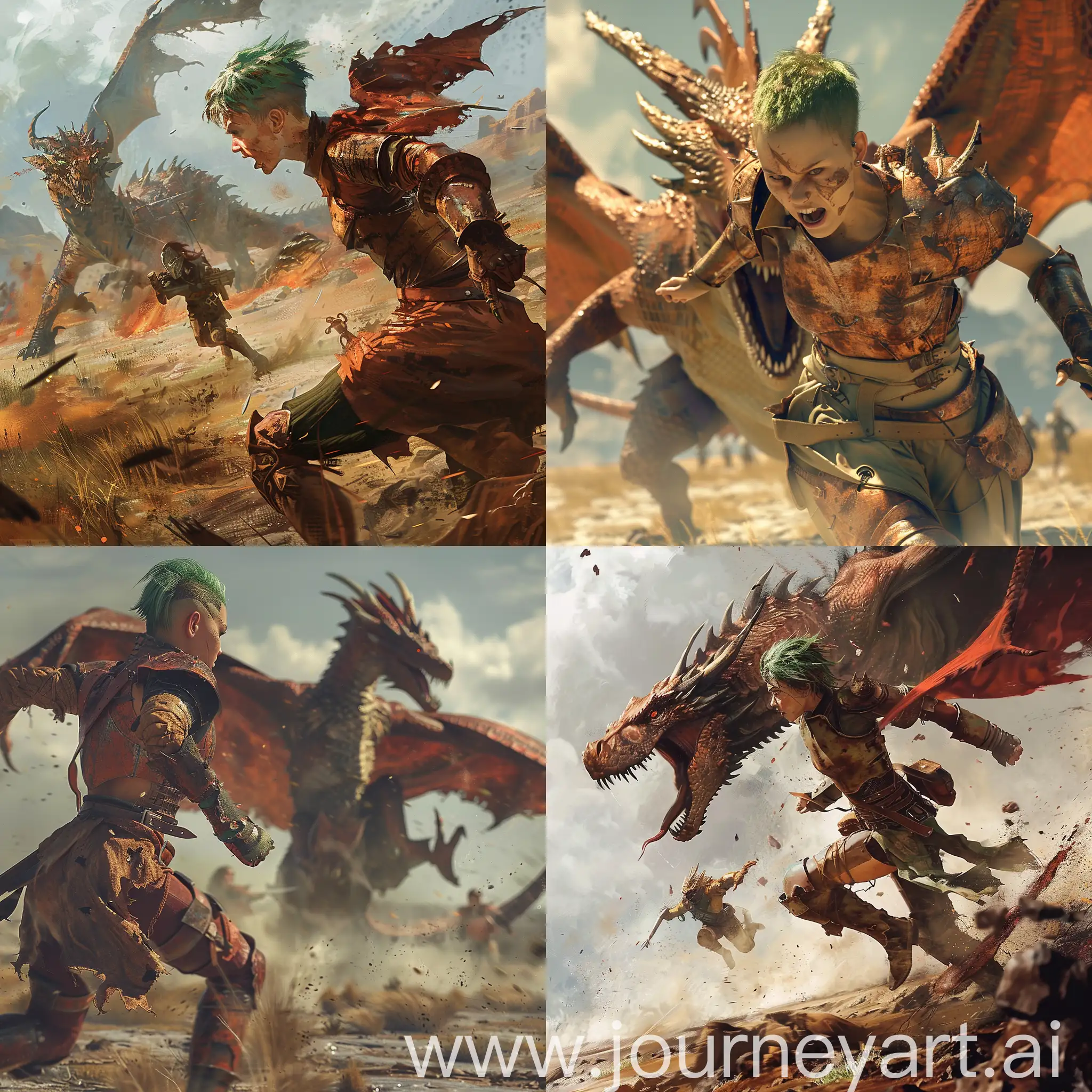 short green grass hair female soldier in rusty armor,  running away from the dragon on a battle field