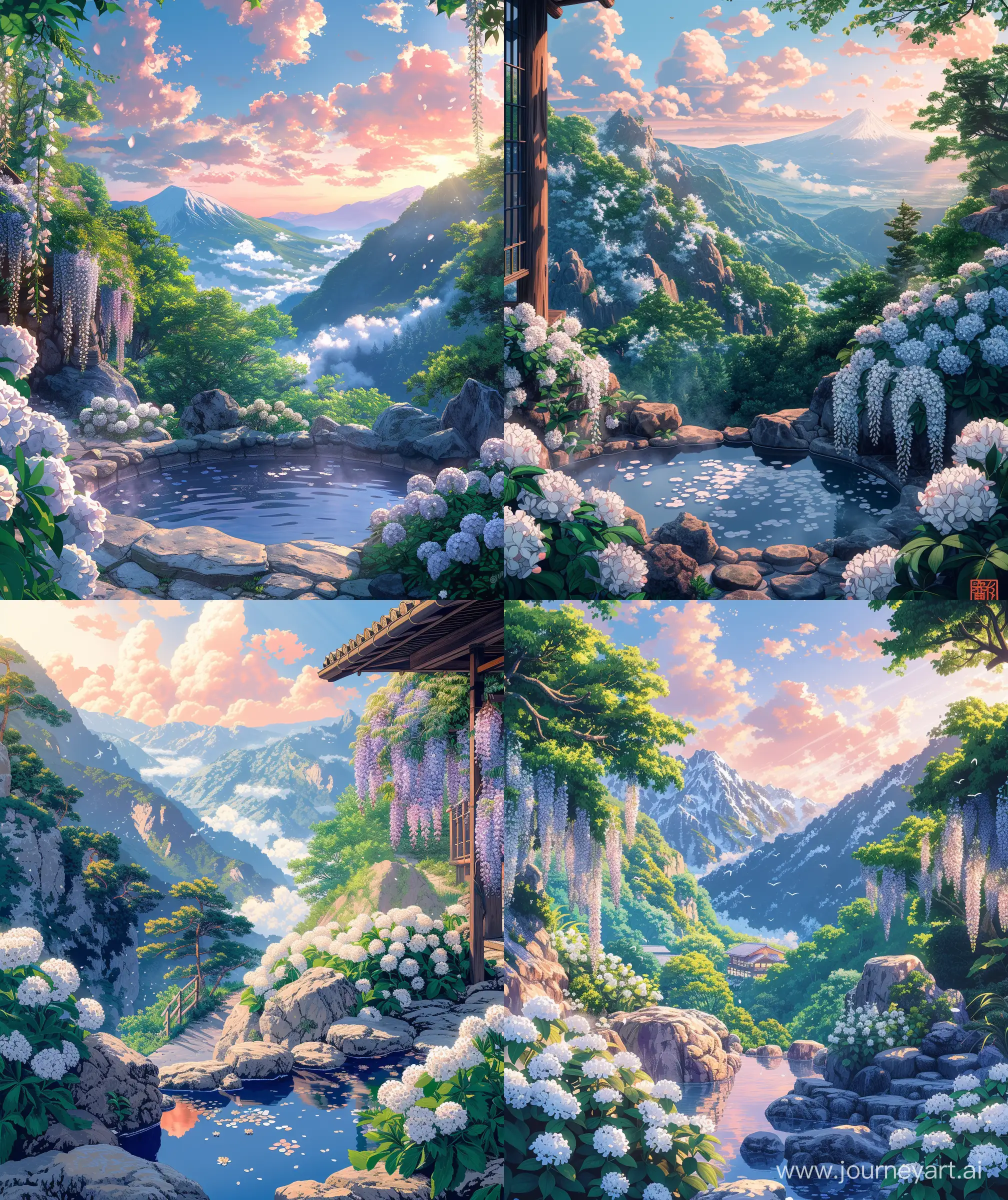 Beautiful anime scenary, Ghibli style, nature hot spring resort, beautiful mountain view, "wisteria" decorating "resort", many "white flowers" around beside rock, ,light vibrant pink and blue color sky, sunlight through clouds,illustration, Anime style, ultra HD, high quality, sharp details, no hyperrealistic --ar 27:32 --s 400