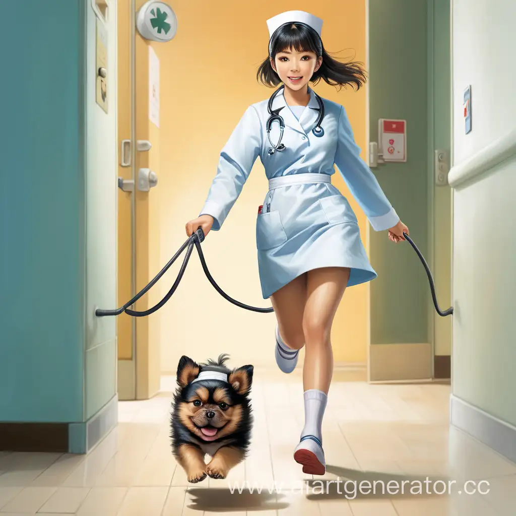Asian nurse with bare legs and long sleeves runs away from small dog