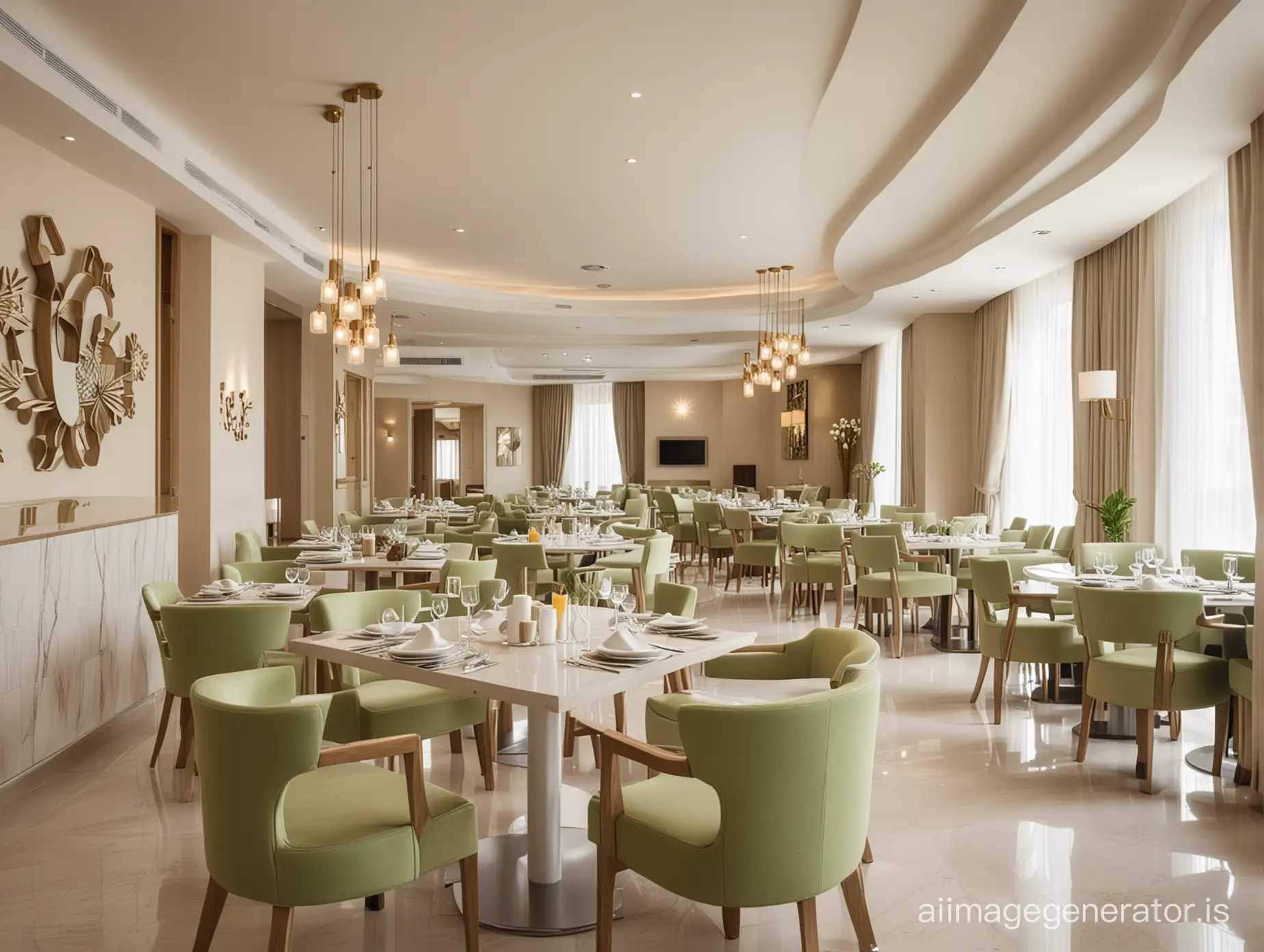 a breakfast room in a big hotel in Bahrain. The interior design is modern with simple furniture with white color. other colours are clear, with sand and light green
