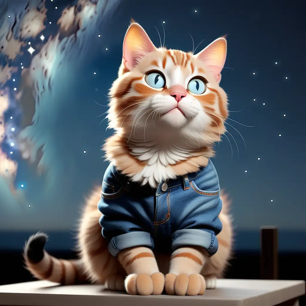 lovely cat with whole body in blue jeans looking at stars above
