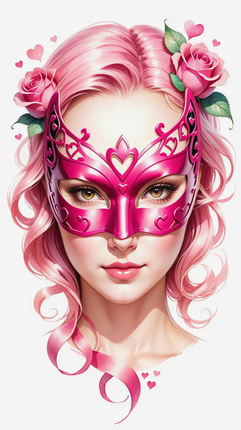Generate female superhero face mask in the style of a Venetian mask, decorated with hearts and roses, without a face in the colors pink as a watercolor on a white background