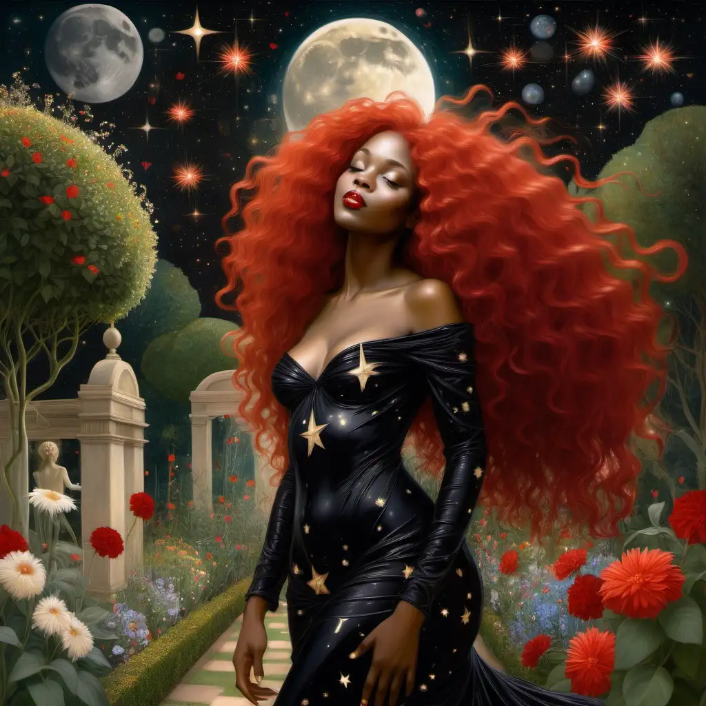 beautiful black woman long red hairs in love  in a garden with flowers and stars, Luis ricardo Falero, Leonor Fini,  Gustave Klimt style 
