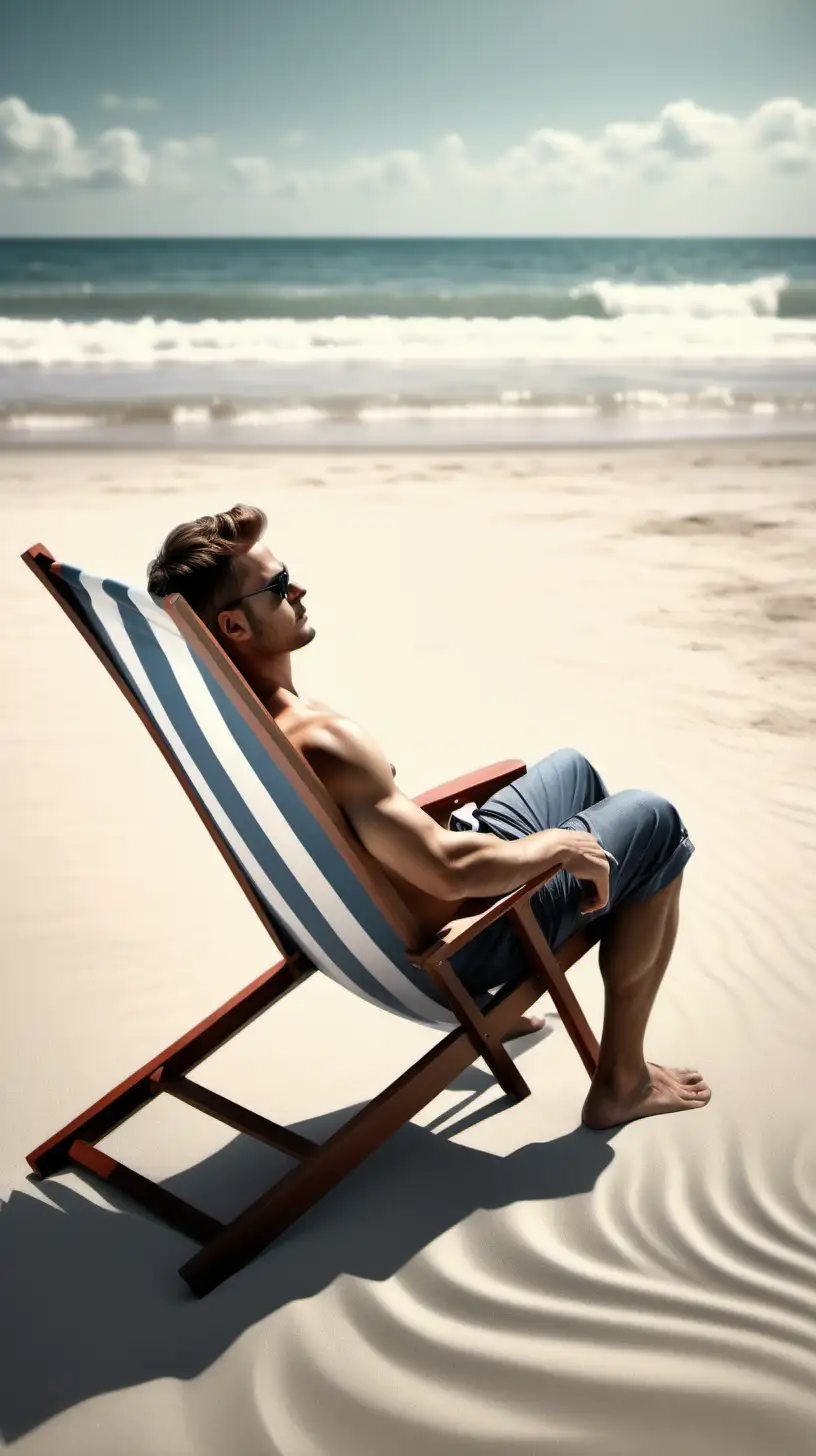 A hyper realistic photo of a man relaxing on the beach comfortable sitting on a beach chair 