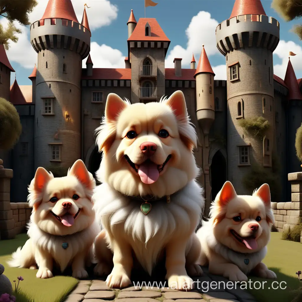 Enchanting-Castle-Scene-with-Playful-Fluffy-Dogs