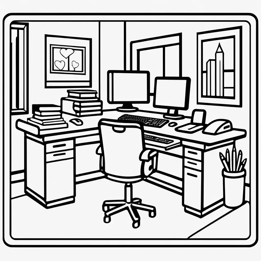 black and white, coloring page, clear defined dark lines and line border, no shadows, no greying, without the use of shadows or any form of graying. Emphasize clean lines, distinct shapes, and solid, non-gradient fills to maintain a simplistic and high-contrast appearance suitable for coloring, white areas, white background, big wide, office room icon image to be used in the application logo, big, isometric icon style, black outlines ,black and white, for coloring page, white background, much detail
