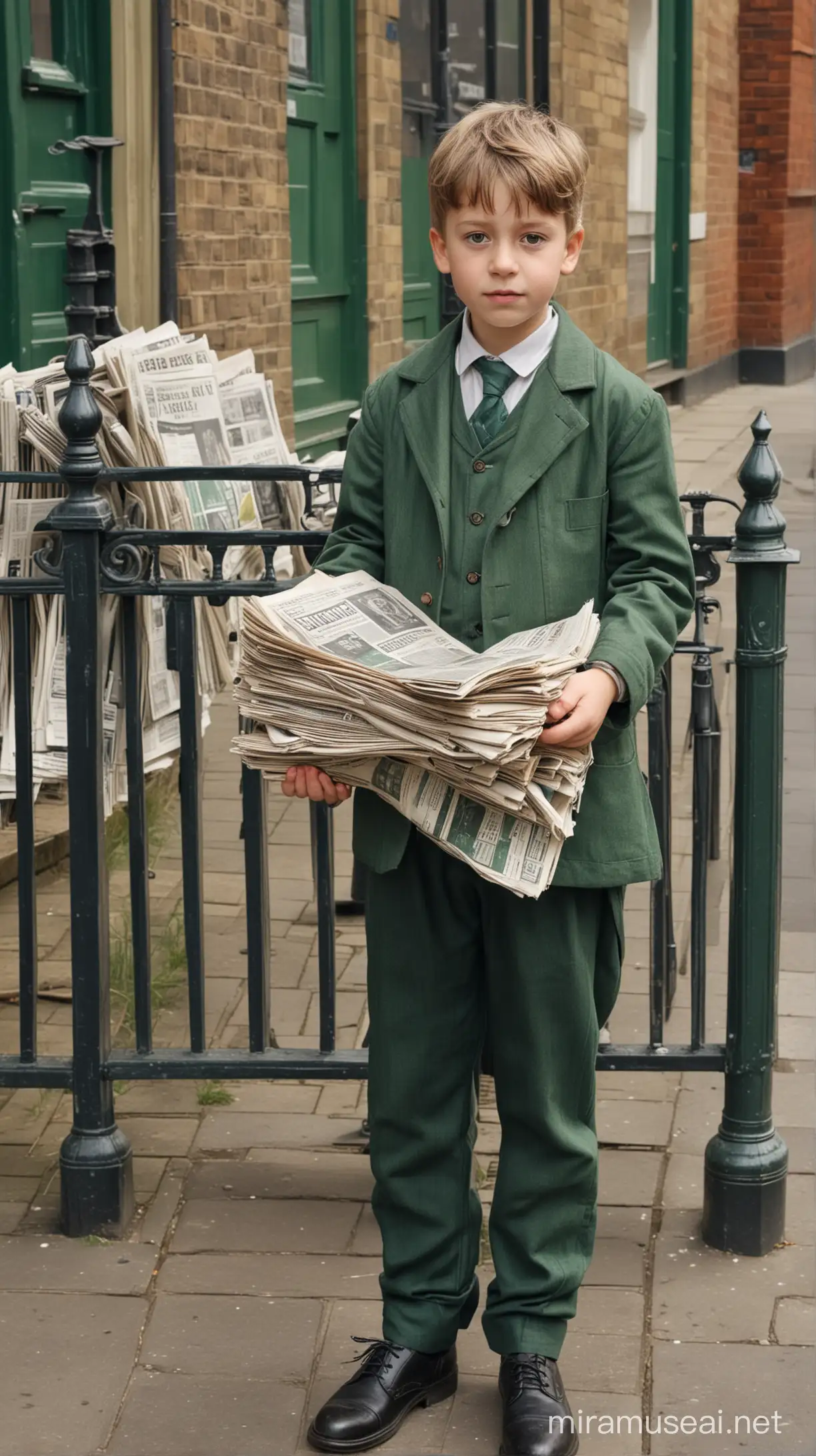 a young boy stands of victorian green on the street with a bench of newspapers. he is wearing old fashion expesive clothes
