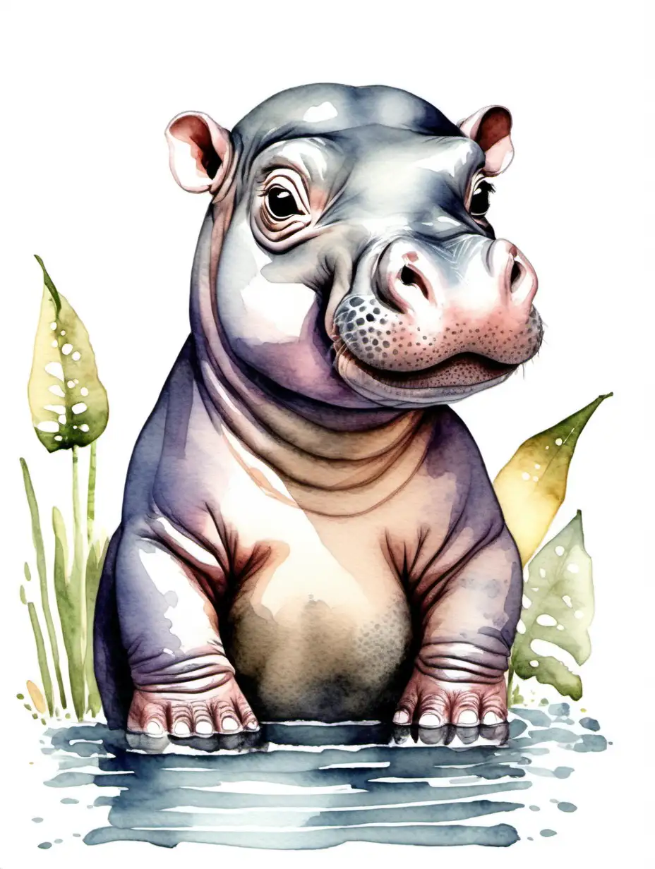 water color drawing of baby hippo, safari style, cute, neutral, big eyes, isolated white background