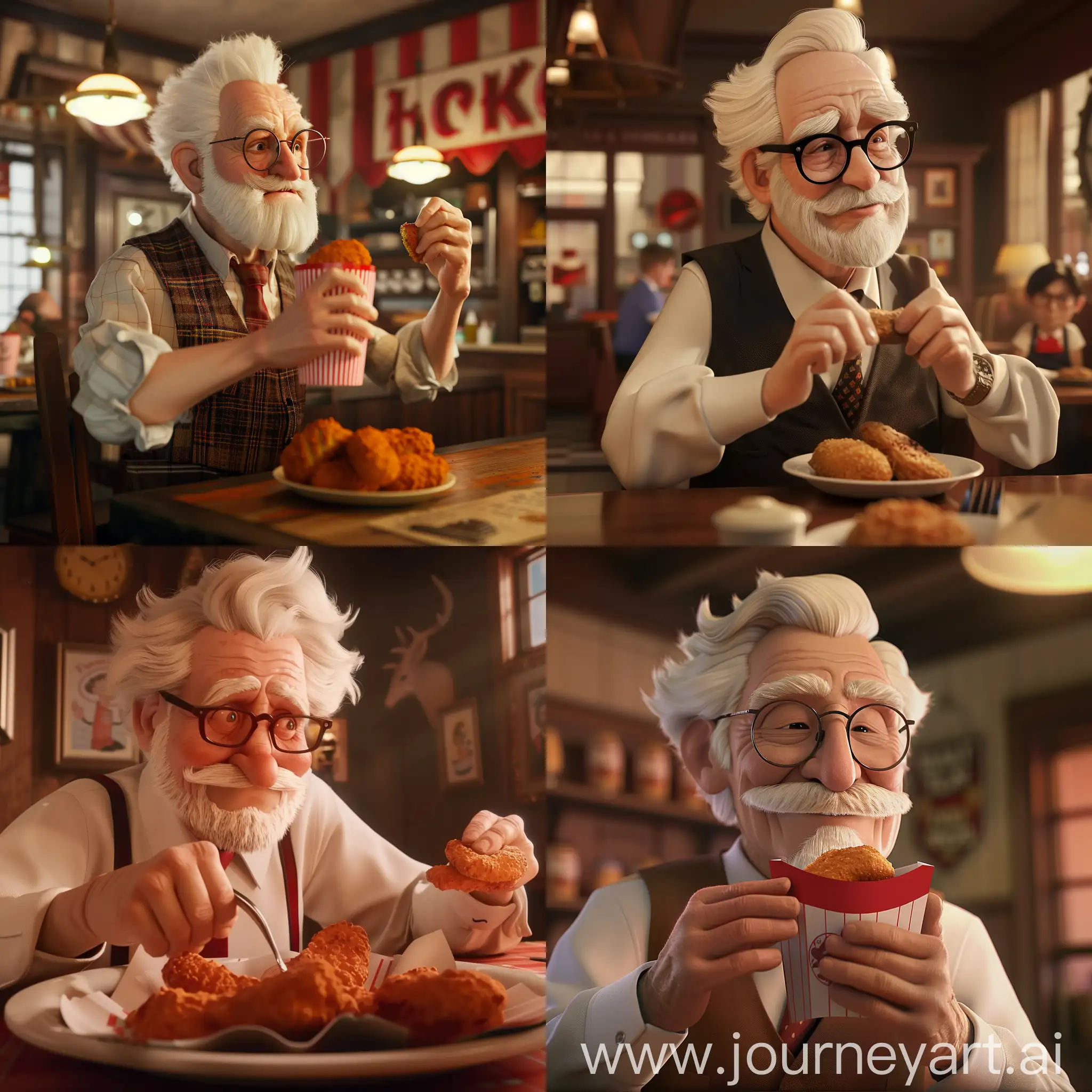 Harland Sanders eats nuggets at a restaurant :: 3D animation