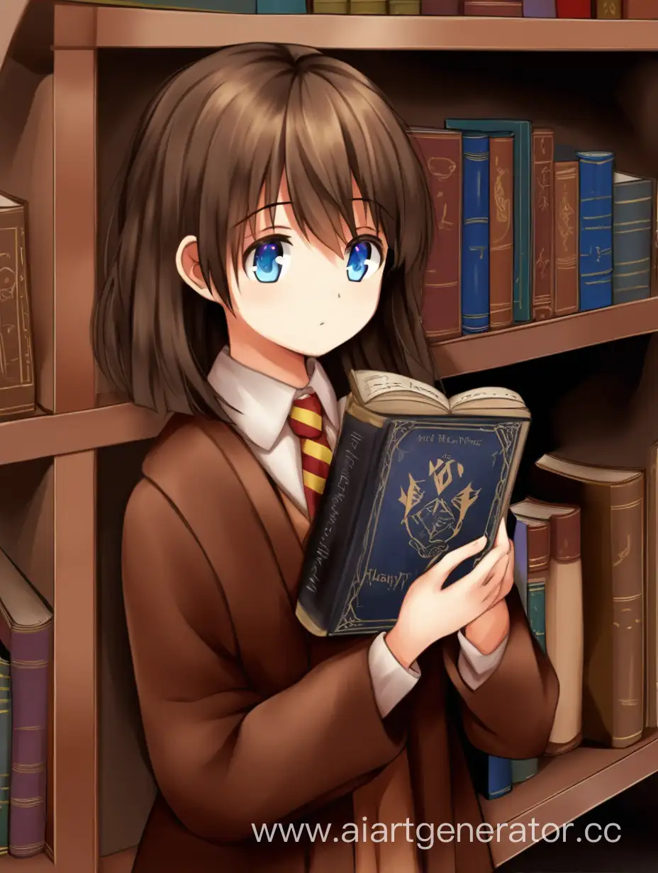 Девушка 25 лет, с темными русыми волосами, голубыми глазами, на фоне книжного шкафа, держит в руках книгу Гарри поттер