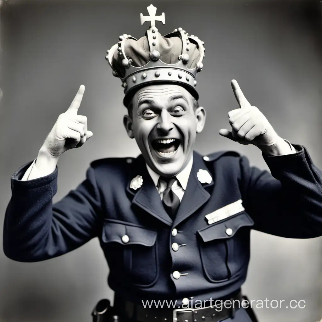 Vintage-Policeman-Wearing-Oversized-Crown-in-Amusement