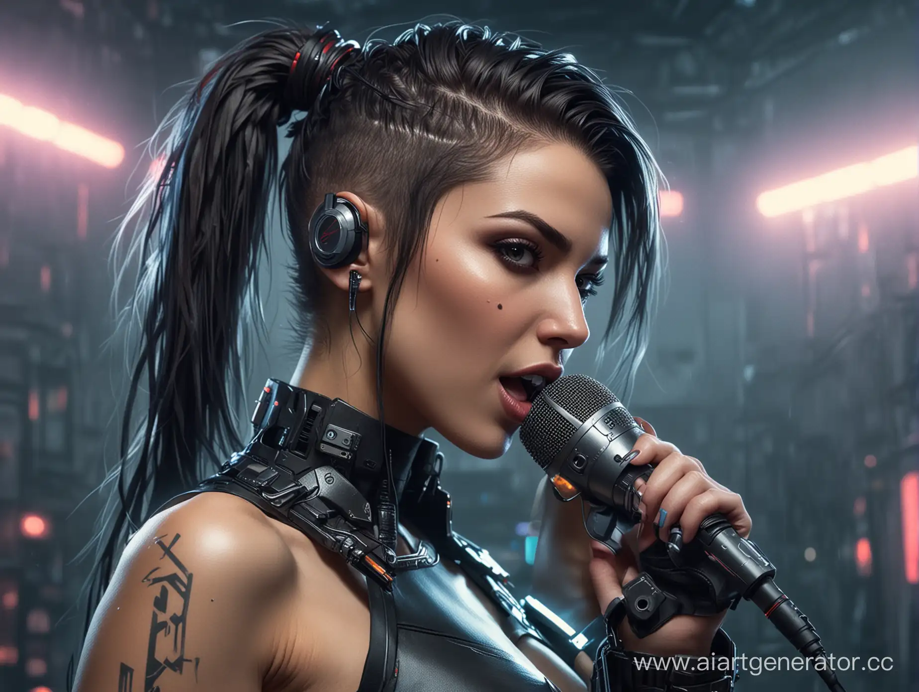 Cyberpunk-Woman-Singing-with-Microphone-in-Futuristic-Setting