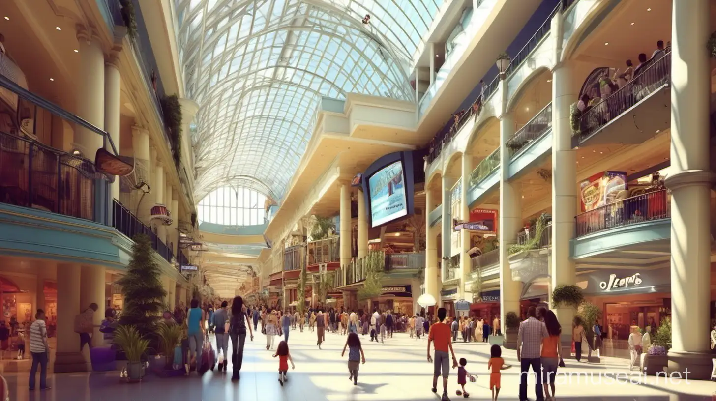 indoor mall with people going about shops pixar style daytime
