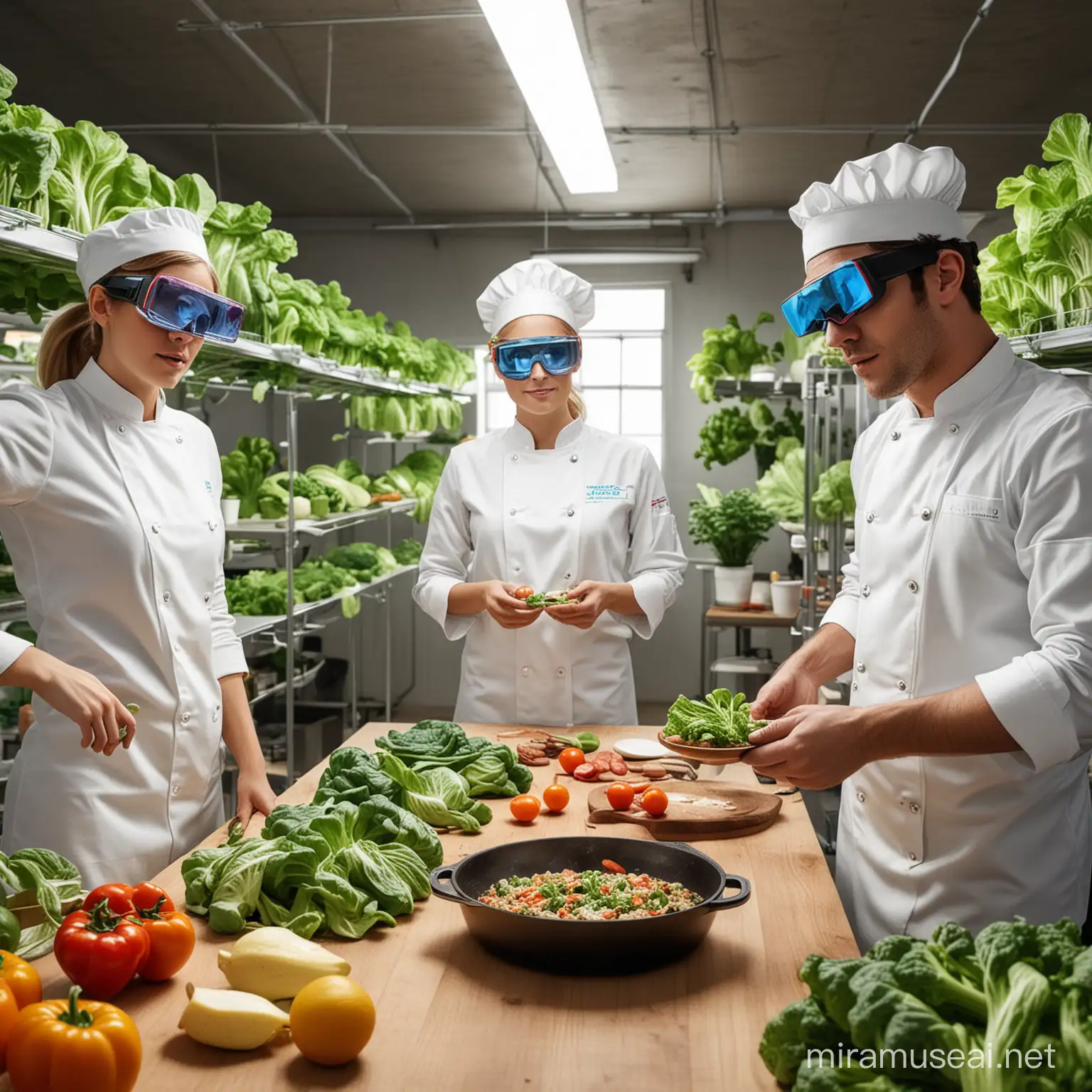 People cooking with 3D glasses with virtual chefs
make a far photo
add vertical farm