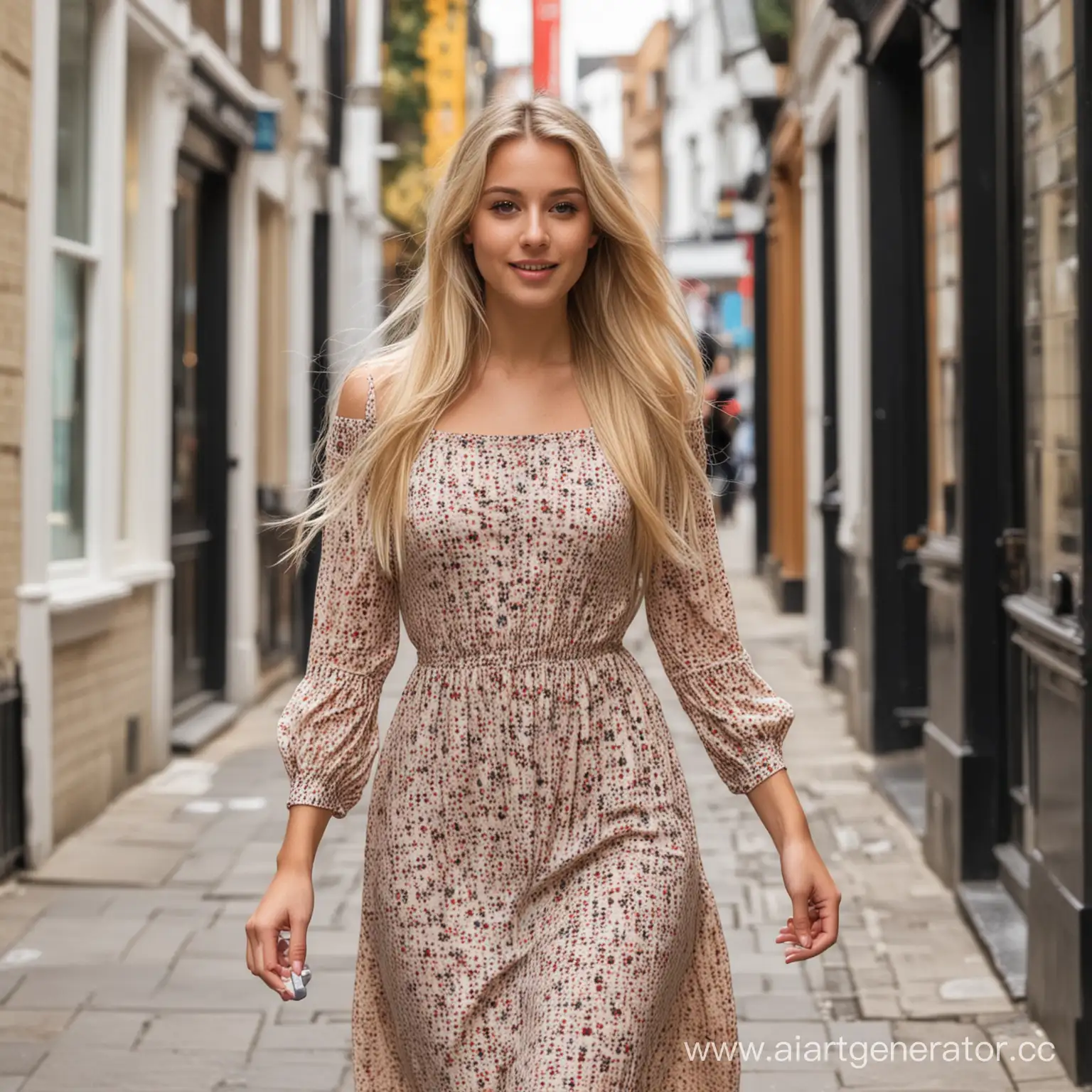Beautiful young girl with blonde long hair in a beautiful dress walking down a London street with a beautiful girl with black hair, day shopping