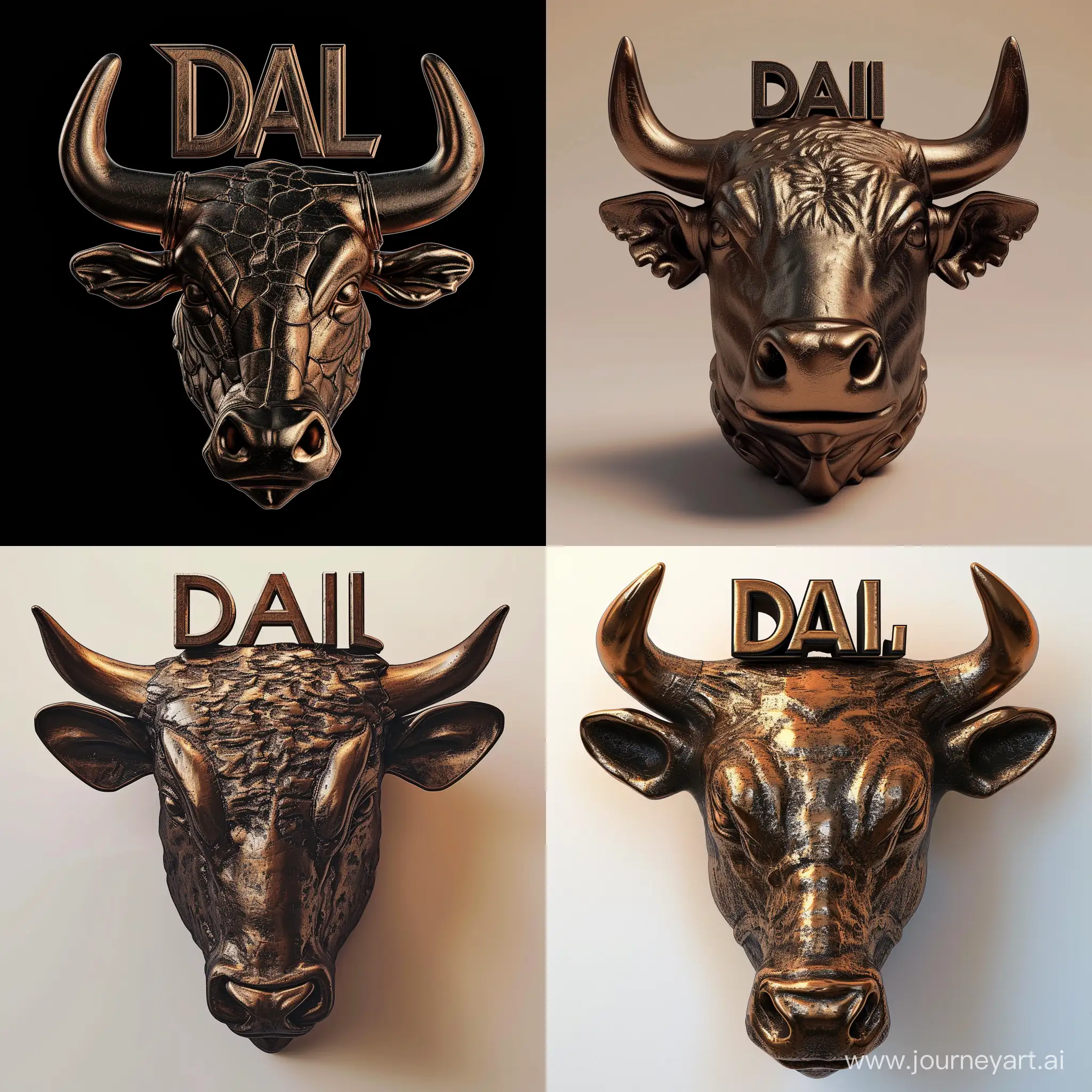 Help me design a logo for the DALI company. The overall logo is a bull’s head, with DALI on top of the bull’s head. DALI should be three-dimensional and bronze in color.