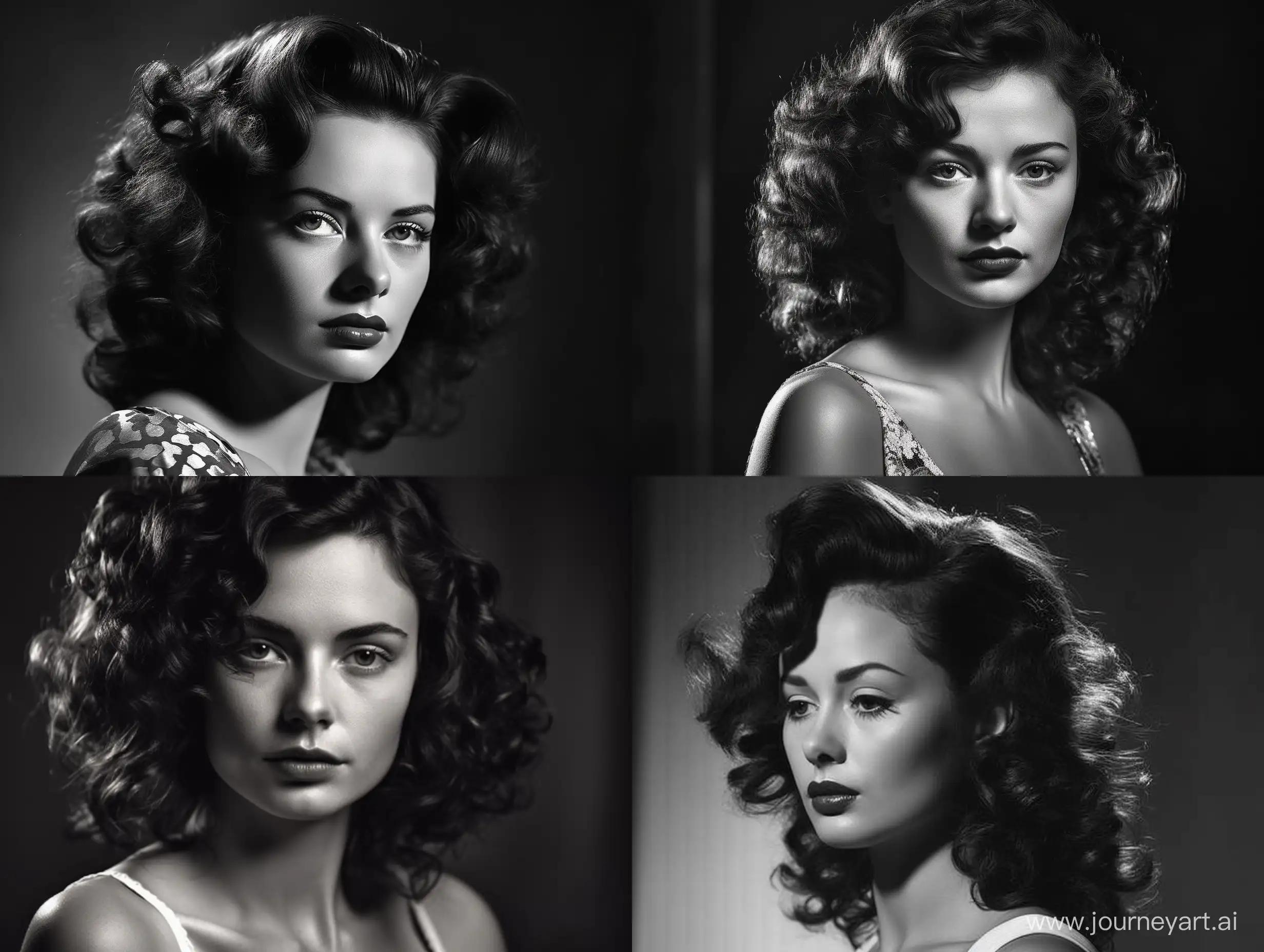 /imagine prompt: A photorealistic black and white photo that captures the essence of a woman from the 50s with curly hair and a beautiful face. The atmosphere is nostalgic and classic, with the lighting emphasizing the details of the woman's face and hair. The image has a vintage quality, reminiscent of classic Hollywood glamour shots. The woman is shown in a close-up, with a confident expression on her face as she looks straight ahead. Her curly hair frames her face, adding to the beauty of the image. The background is slightly blurred, emphasizing the focus on the woman and her features. The composition is simple, with the focus on the woman and her captivating presence. The image is highly detailed, with intricate details in the woman's eyes, lips, and hair. The image is in 8K resolution, allowing for maximum detail and clarity, making it a perfect fit for large screens and immersive experiences. --ar 4:3 --s 800 --v 5 --q 2