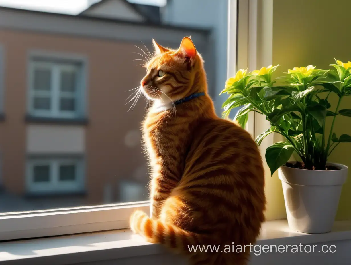 рыжий кот сидит на подоконнике и смотрит в окно, рядом на подоконнике стоит комнатный зеленый цветок, за окном ярко светит солнце, горизонтальная ориентация 1920х1080
