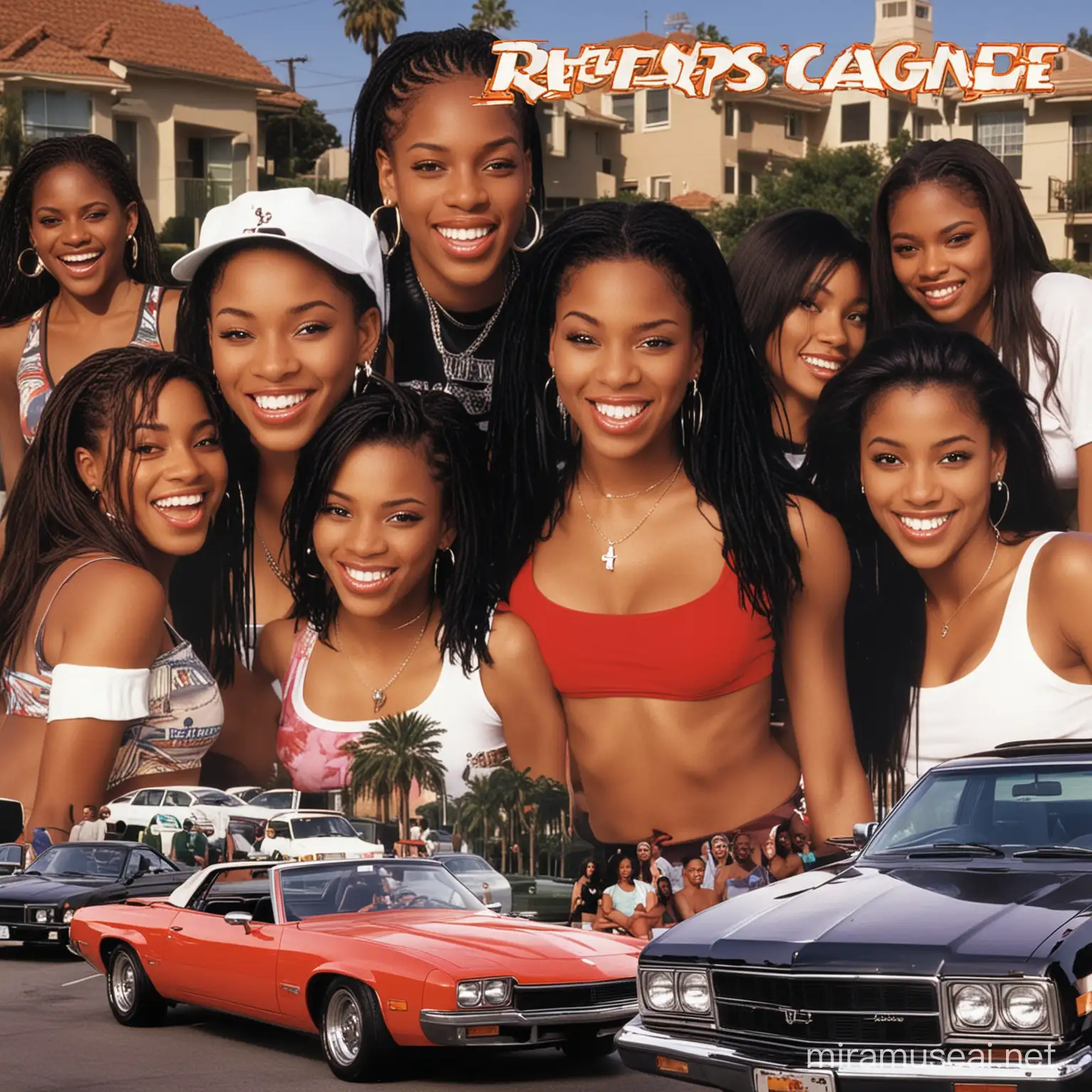 movie cover los angeles cityscape rapper flashy cars hood culture african american niehborhood  group of african american hot sexiest  arouse looking girls snarling obnoxious smile laughing in late 1990s 1999 hood brand logo rap album cover