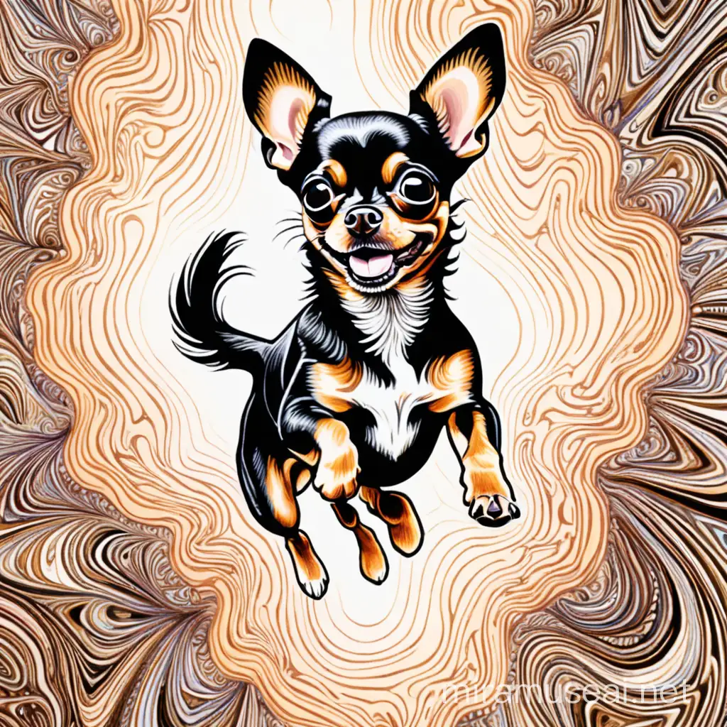 psychedelic drawing of a jumping black and brown short haired chihuahua