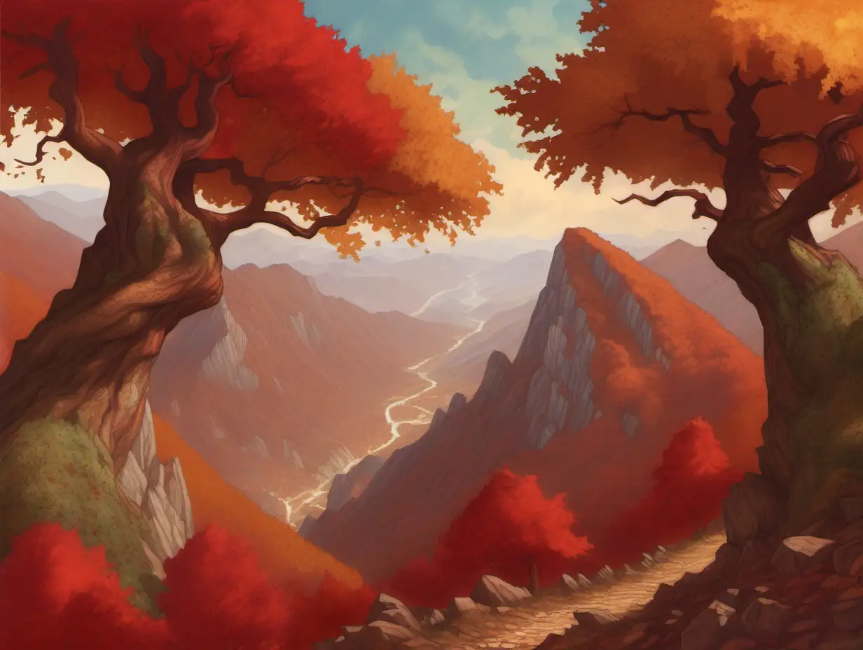 Majestic Autumn Mountaintop with Walnut Sycamore and Elm Trees MtG Inspired Art