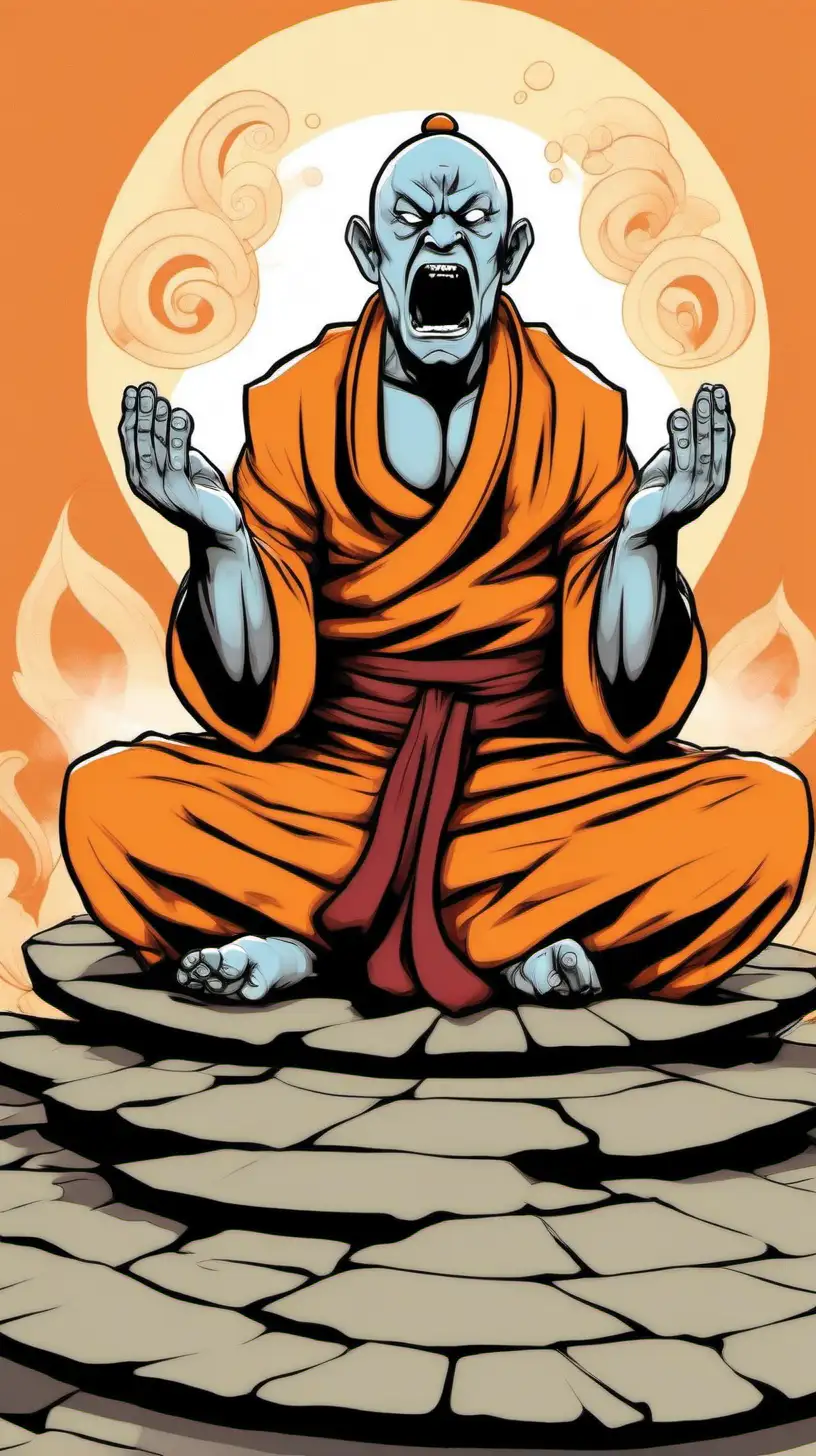 cartoony color. Angry man sits in a lotus position wearing a monk outfit yelling at someone