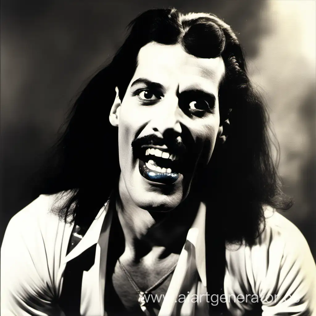 Freddie Mercury as dirty drug addict gypsy with big teeth