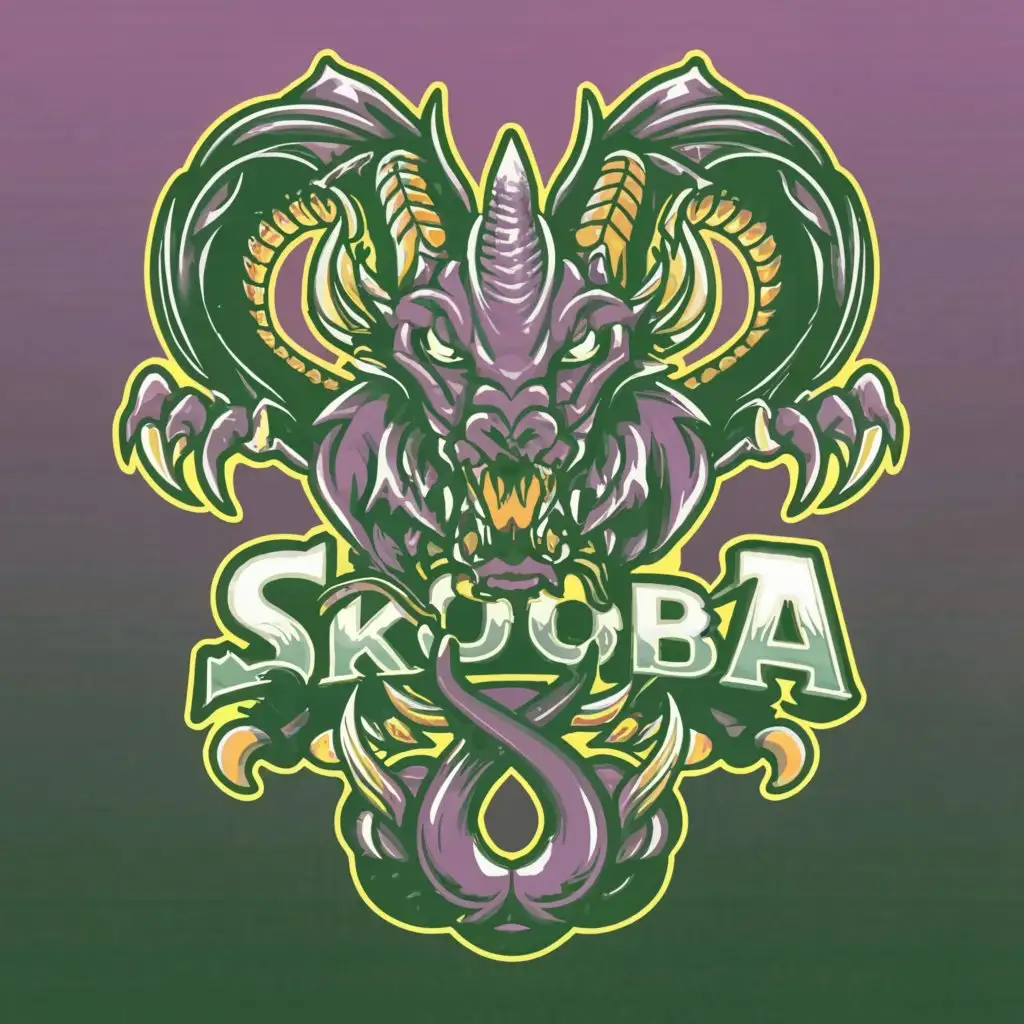 a logo design, with the text 'SkooBa', main symbol: a dragonsnakewolf/ a cleaver/ purple/ green, complex, clear background