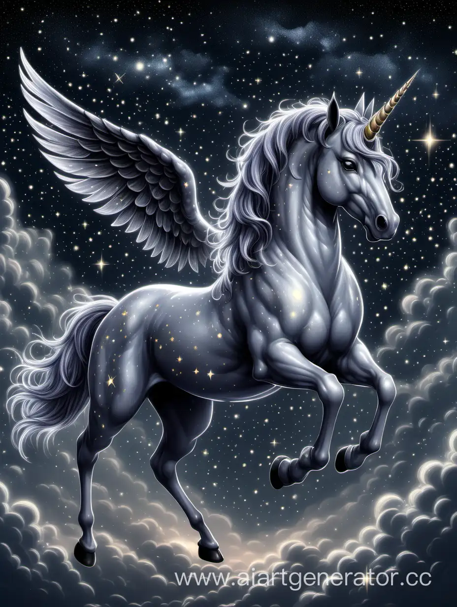 Grey Unicorn with wings in the night 
Sky full of stars 
Realistic 