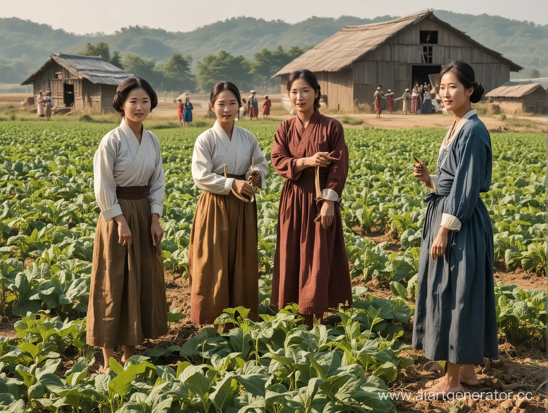 полуодетые кореянки в национальных костюмах крестьянок собирает табак в поле. позади амбар с табаком