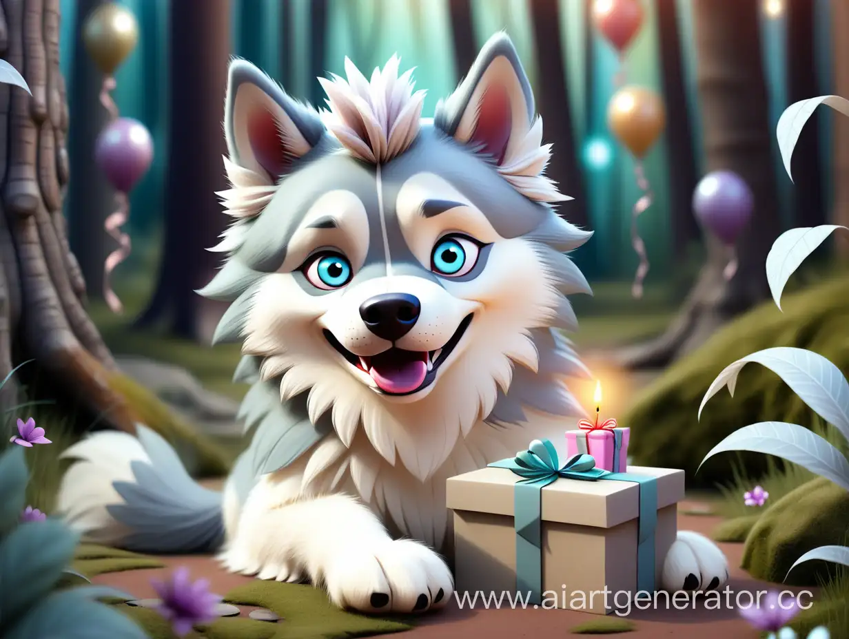 Enchanting-Birthday-Card-with-Fluffy-Husky-and-Gift-in-Fairy-Forest