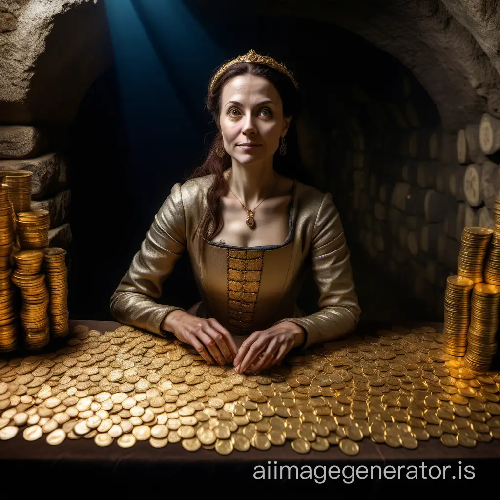 A noblewoman, 40 years old, in front of a table full of gold coins, in a medieval underground in 1375