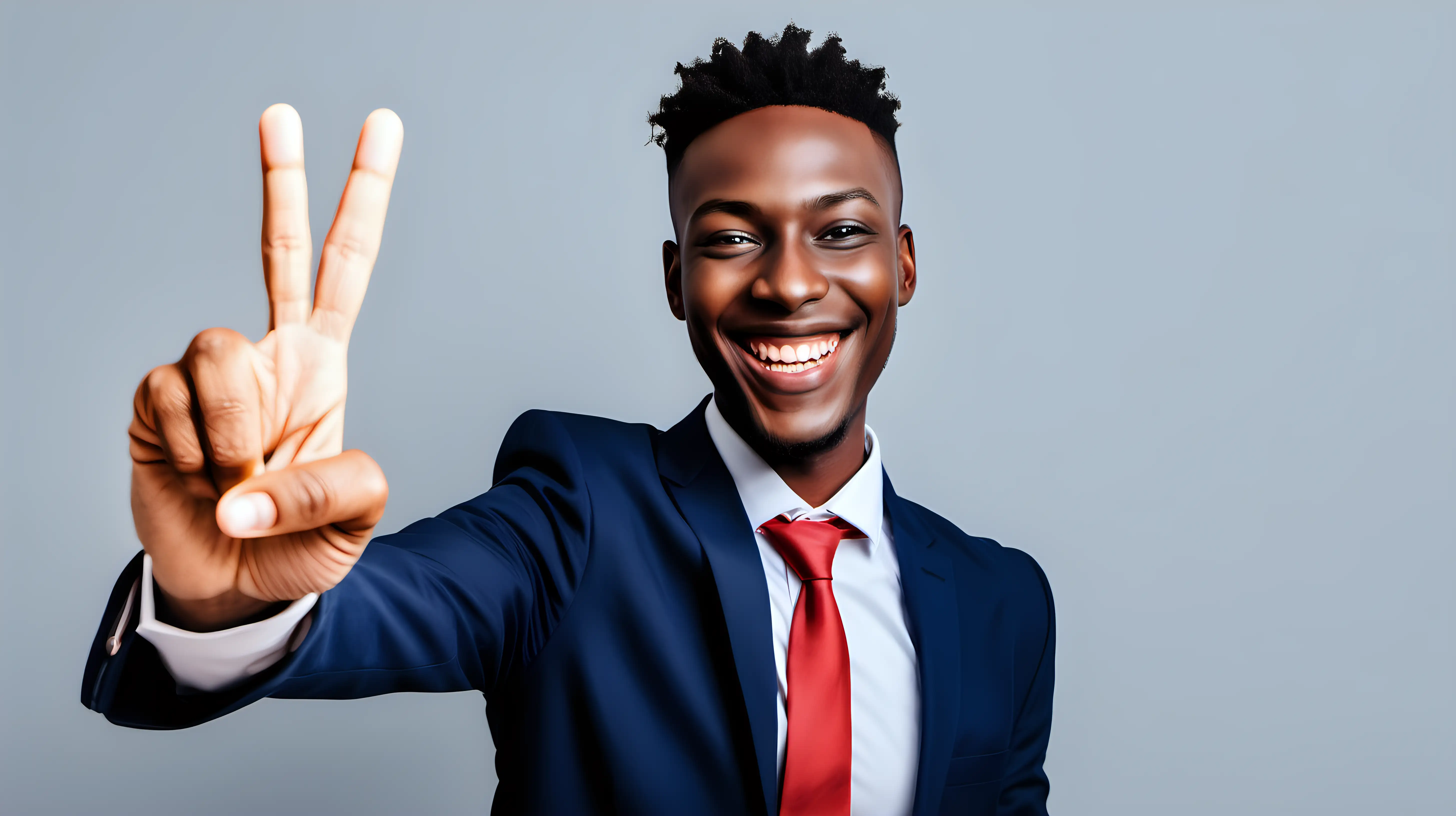 A job seeker smiling brightly and flashing the victory sign after receiving a job offer, signaling their triumph in the competitive job market.
