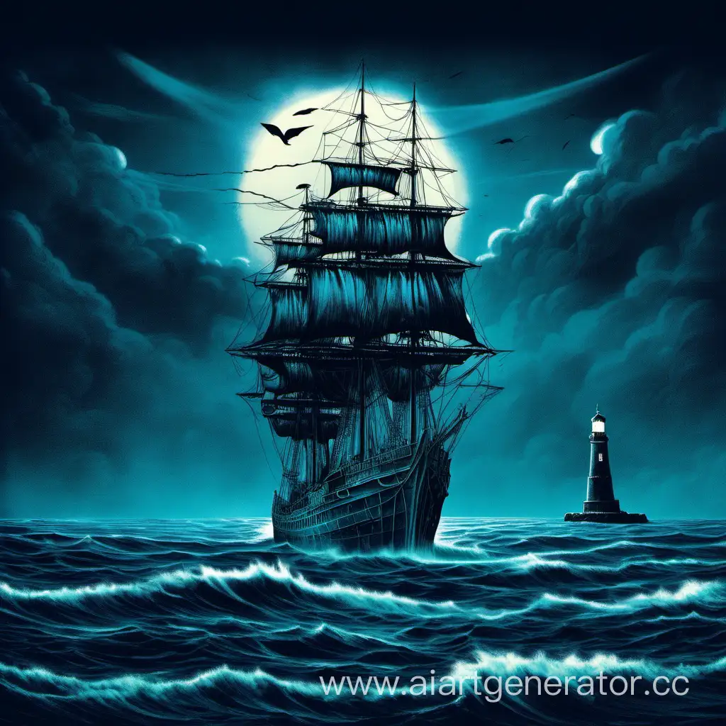 призрочное судно на фоне маяка в голубой темноте для обложки альбома
