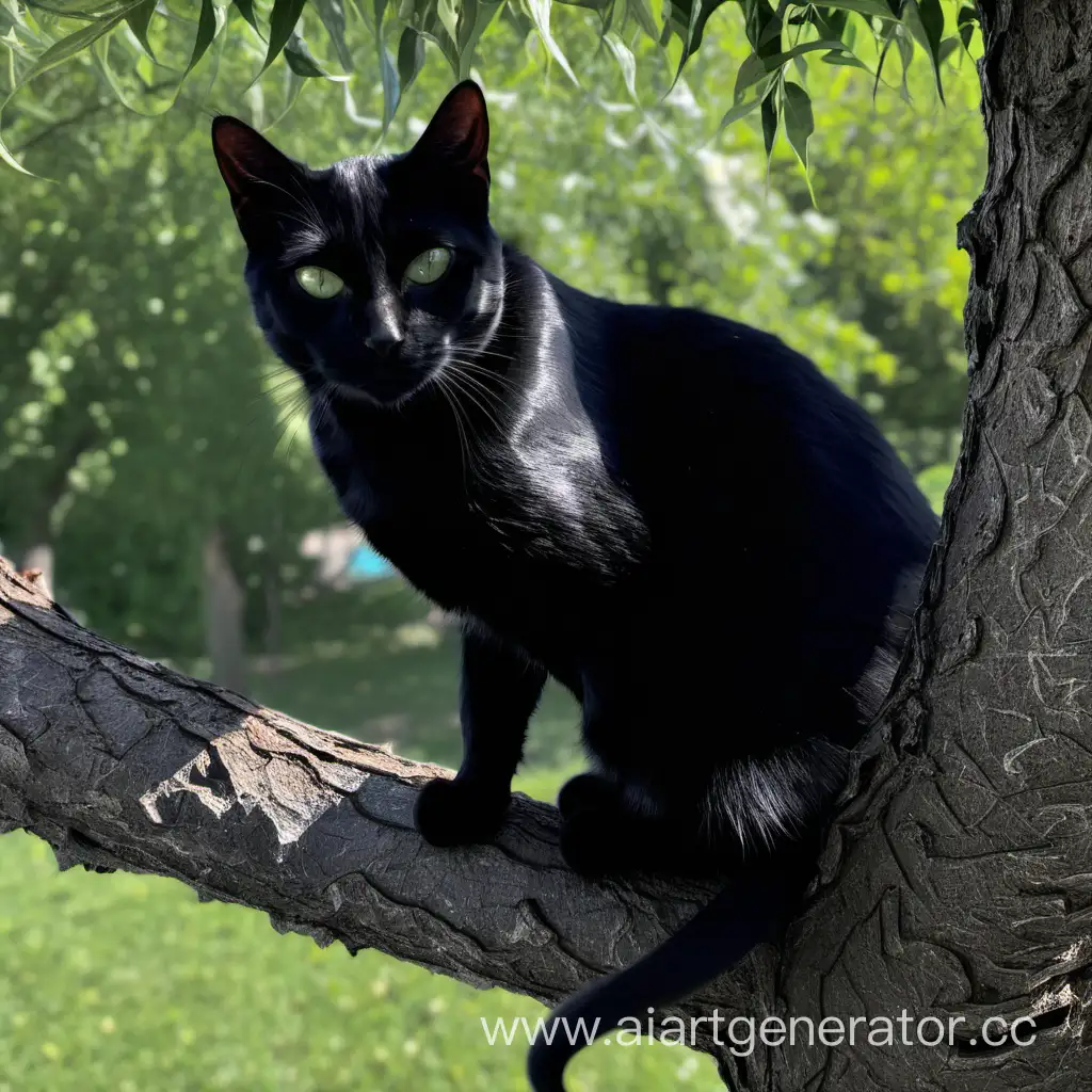 Чёрный кот сидит на дереве