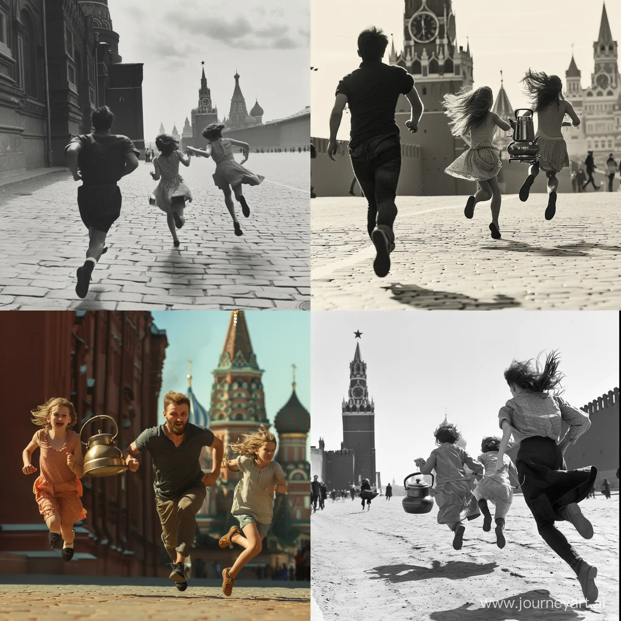 парень бегущий за двумя девушками убегающими  с самоваром по красной площади