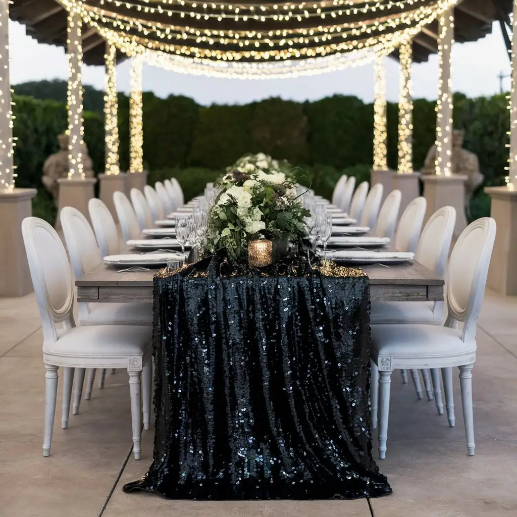 Elegant-Outdoor-Dining-with-Black-Sequin-Table-Runner