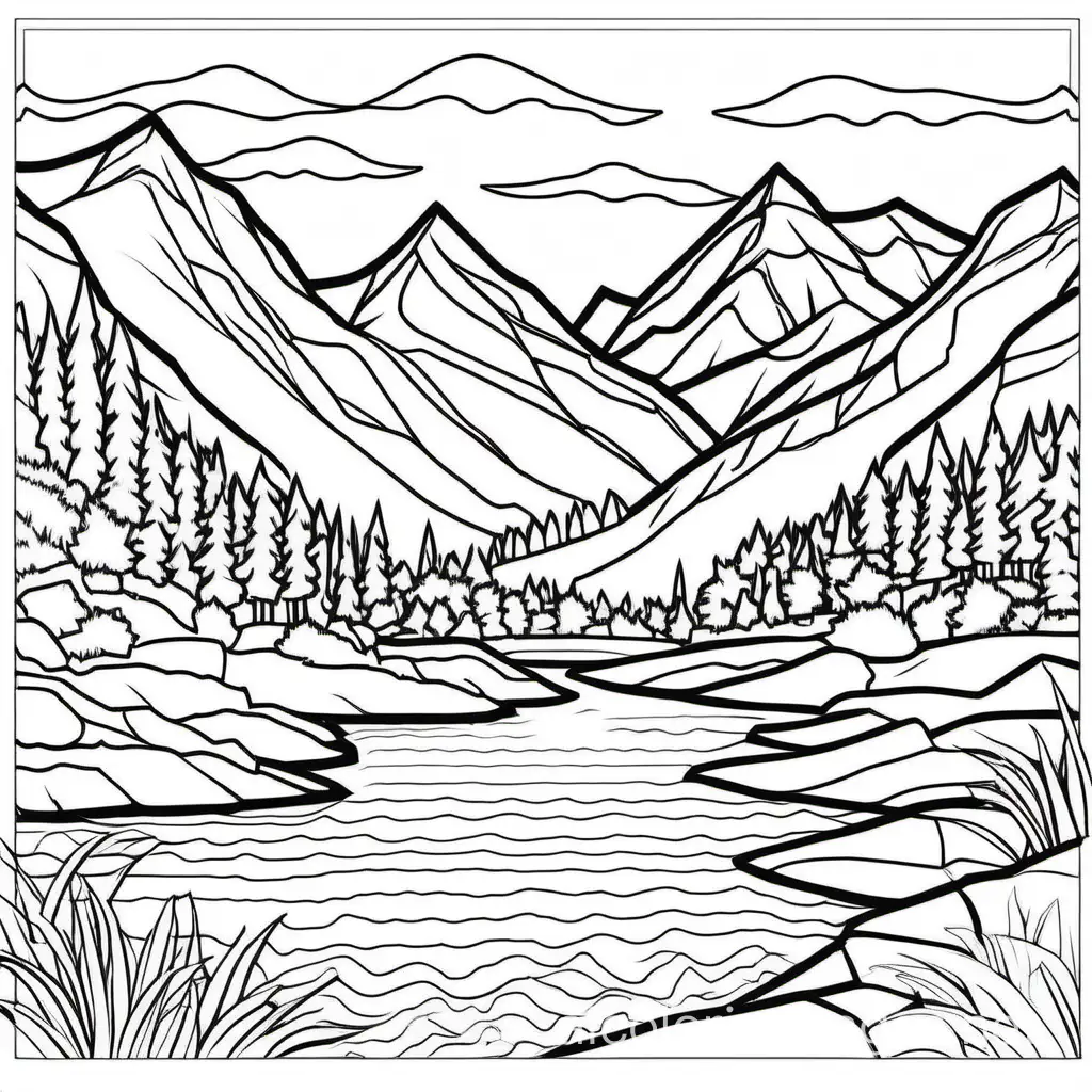 create a coloring page showing a mountain lake at dawn, Coloring Page, black and white, line art, white background, Simplicity, Ample White Space. The background of the coloring page is plain white to make it easy for young children to color within the lines. The outlines of all the subjects are easy to distinguish, making it simple for kids to color without too much difficulty