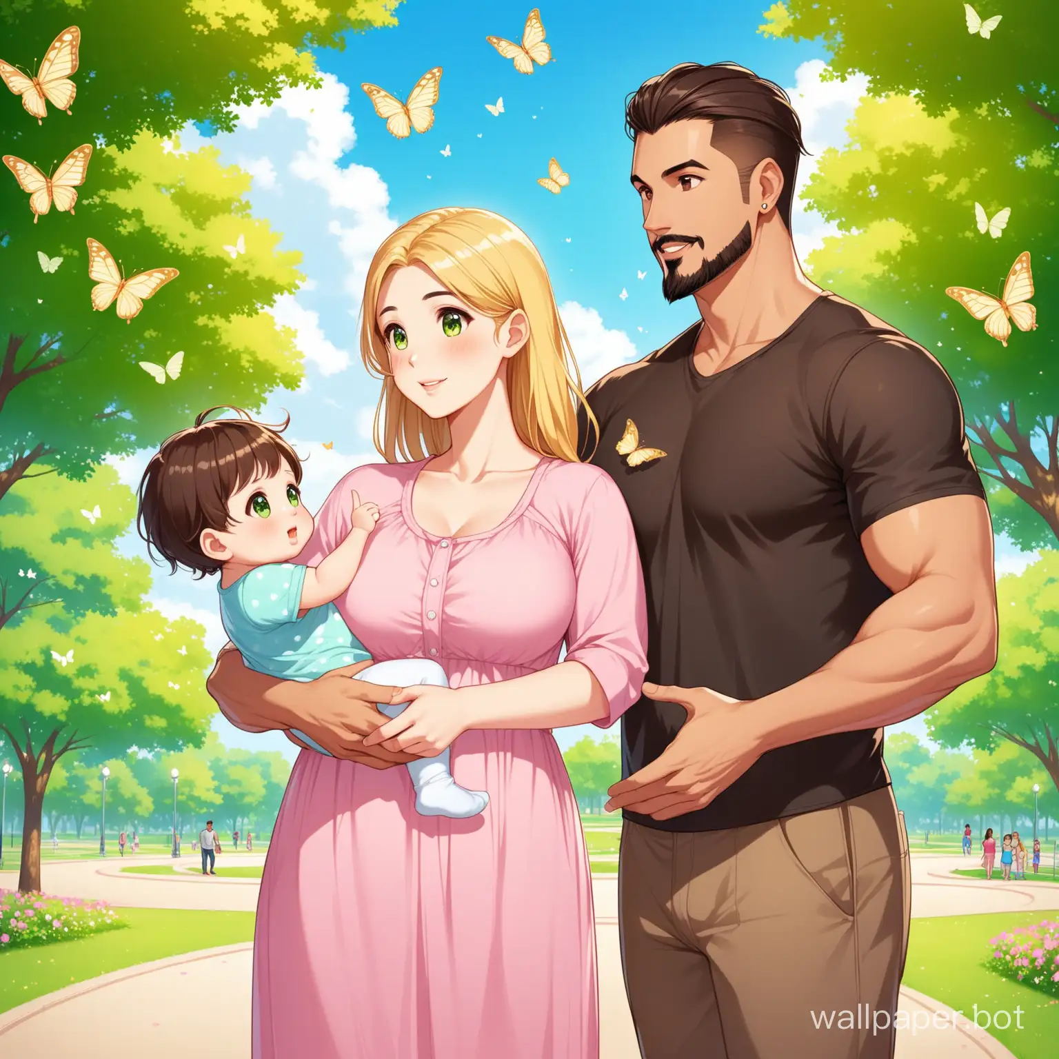 a cute scene of a family at the park the scene has a dad, a tall cute hispanic man with a fade haircut and a masculine jawline and a goatee, holding a cute small baby girl with dark hair and yellowish-brown eyes and big ears the baby is pointing to some butterflies with her mom a small slim, thick woman with green eyes and blonde hair.