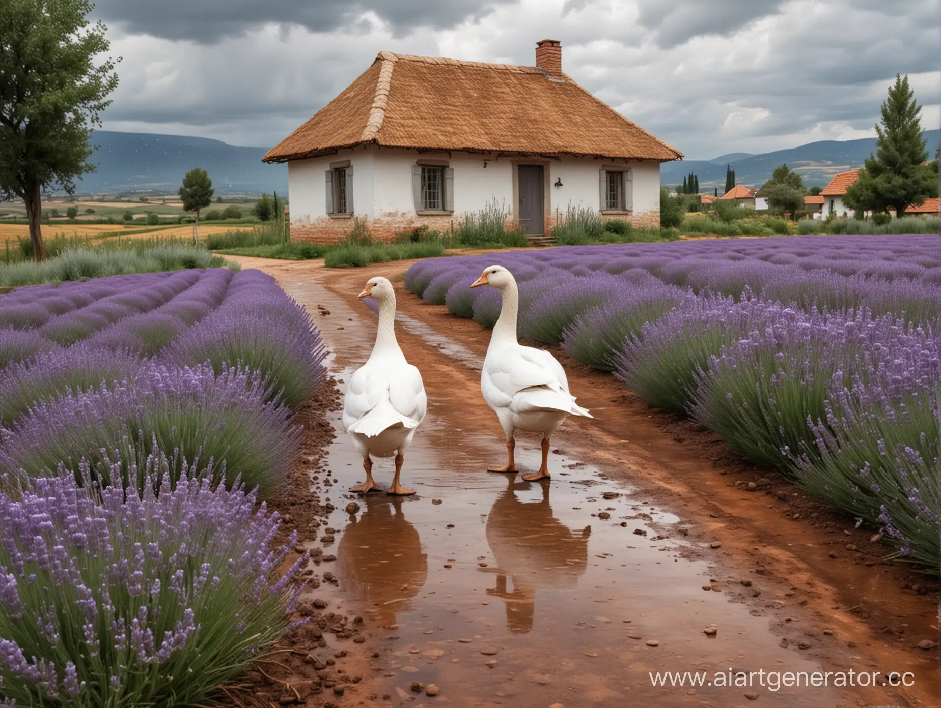 White-Geese-Walking-Through-Lavender-Field-with-Rural-House-in-Distance