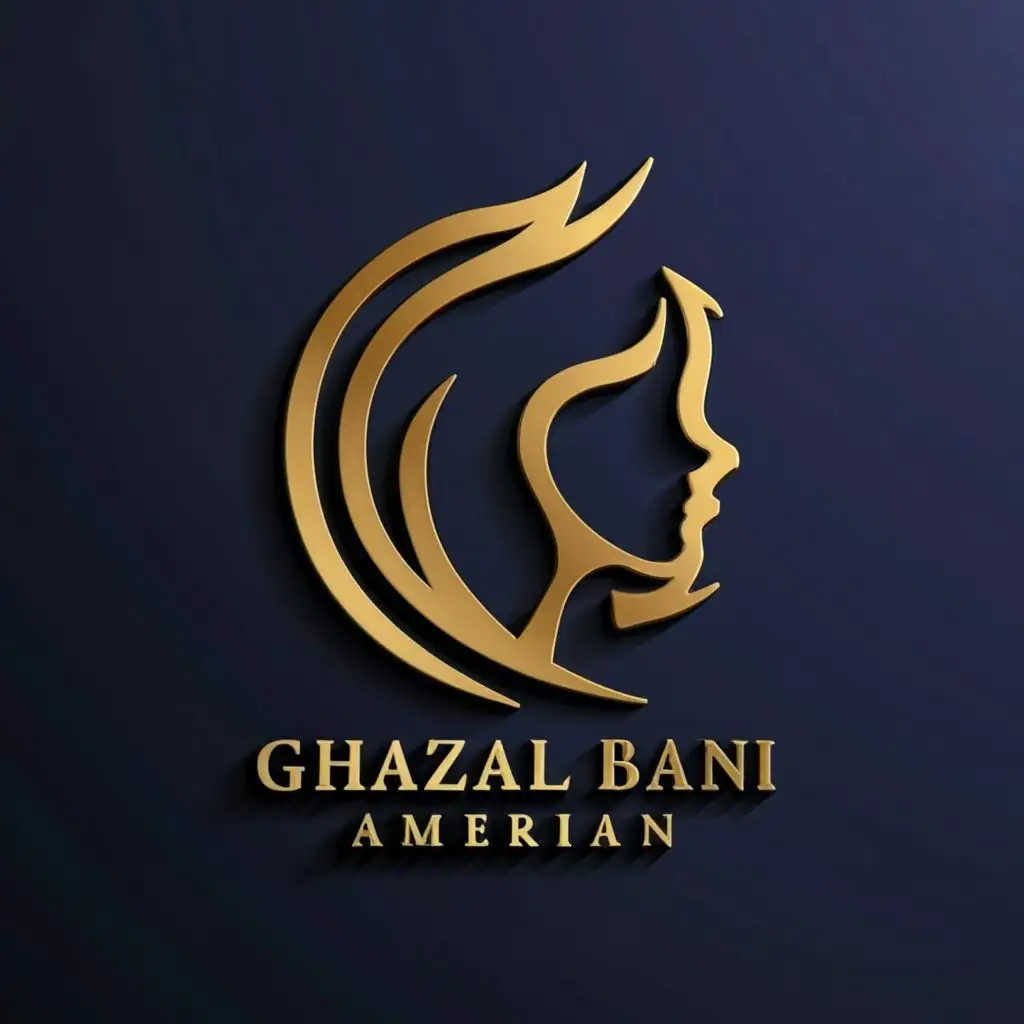 logo, logo, 3d gold combain "women face" and letter "G" ., with the text "Ghazal Bani Amerian", typography