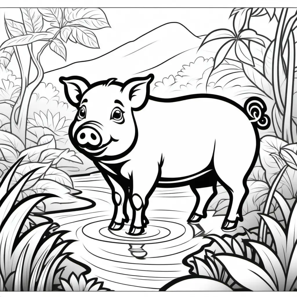 Coloring page for kids, Pig in Garden of Eden close to a water body, clean line art