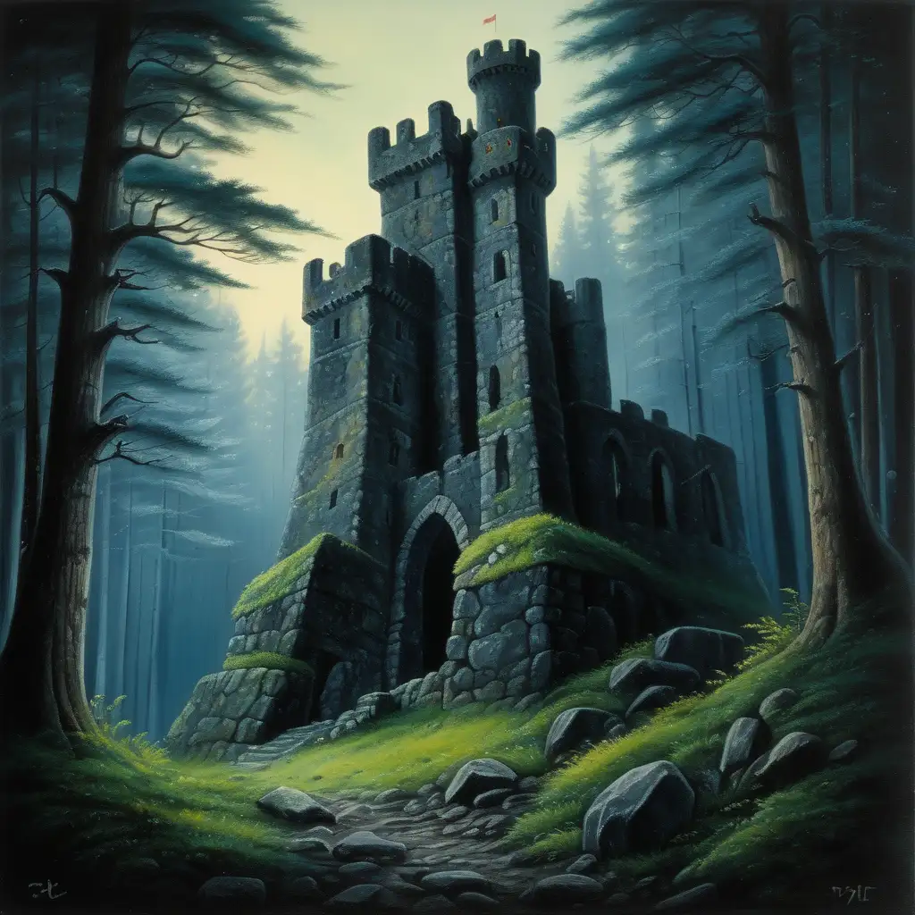 Enchanting GhibliInspired Painting of an Old Partly Ruined Stone Castle in a Dark Forest