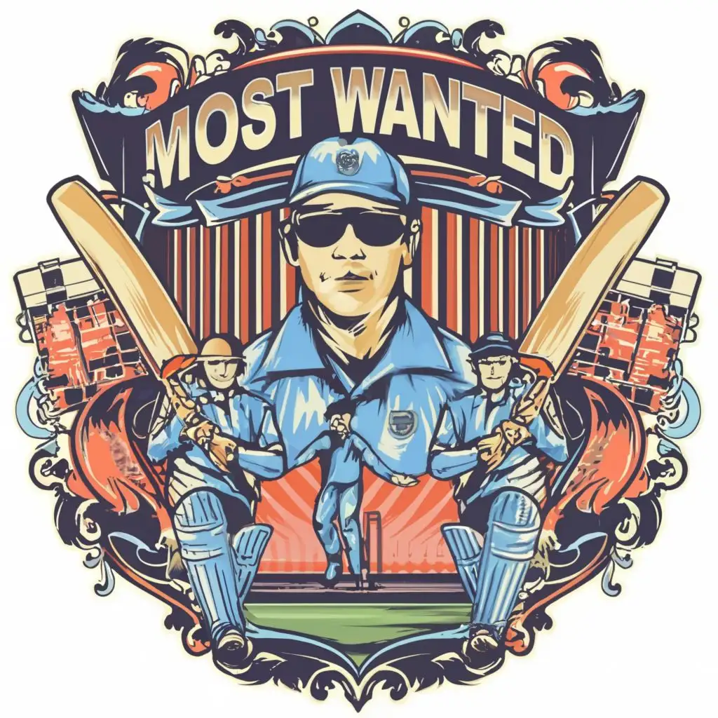 logo, POLICE PLAYING CRICKET, with the text "MOST WANTED", bright attractive colors, typography.