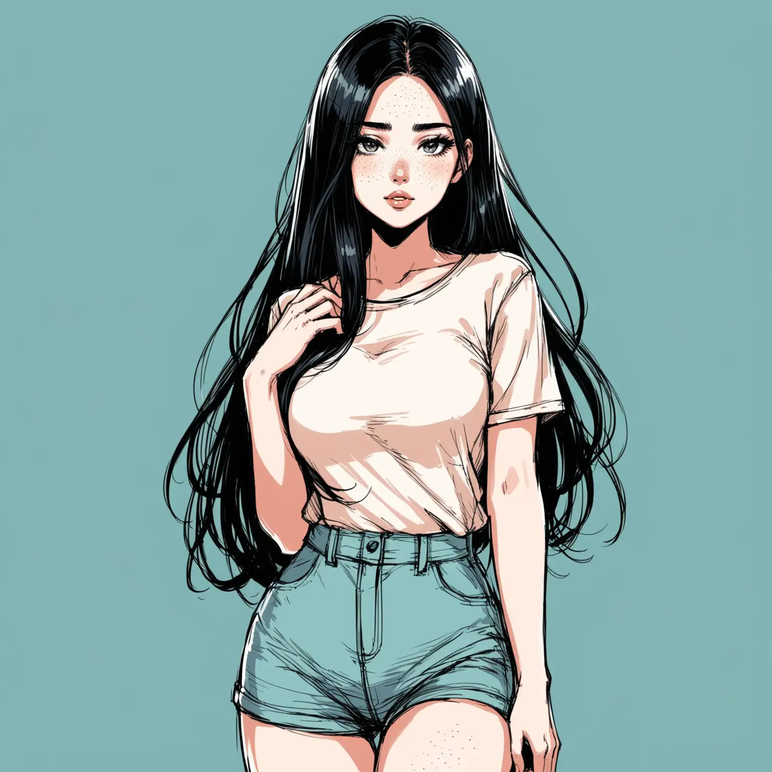 Beautiful, sexy, hot girl in a sexy casual outfit, long black hair, light makeup, blushing, faint freckles, full body, hand drawn, sketch style, 