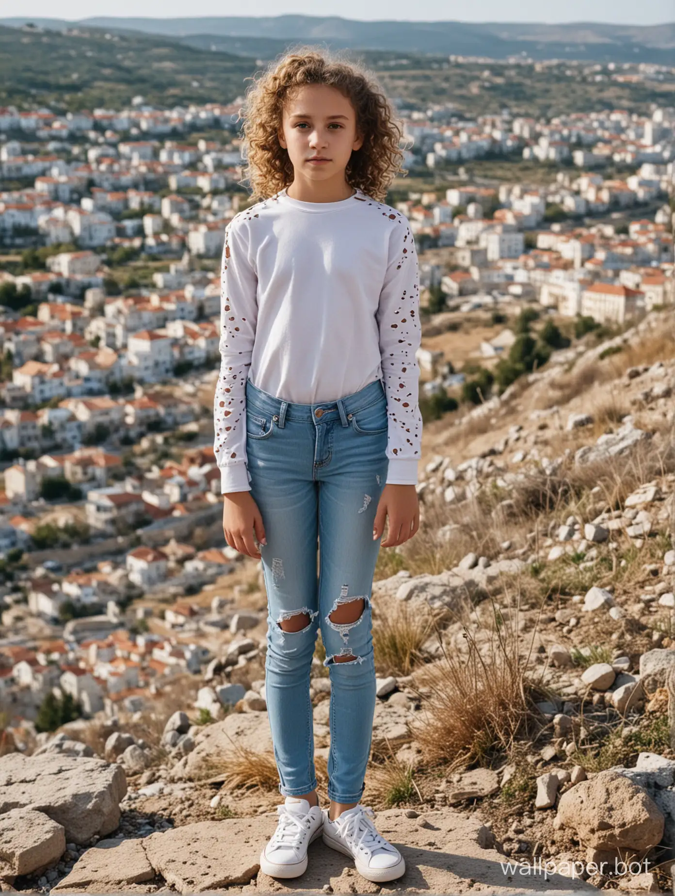 CurlyHaired-11YearOld-Girl-in-Distressed-Jeans-Overlooking-Quaint-Crimean-Town