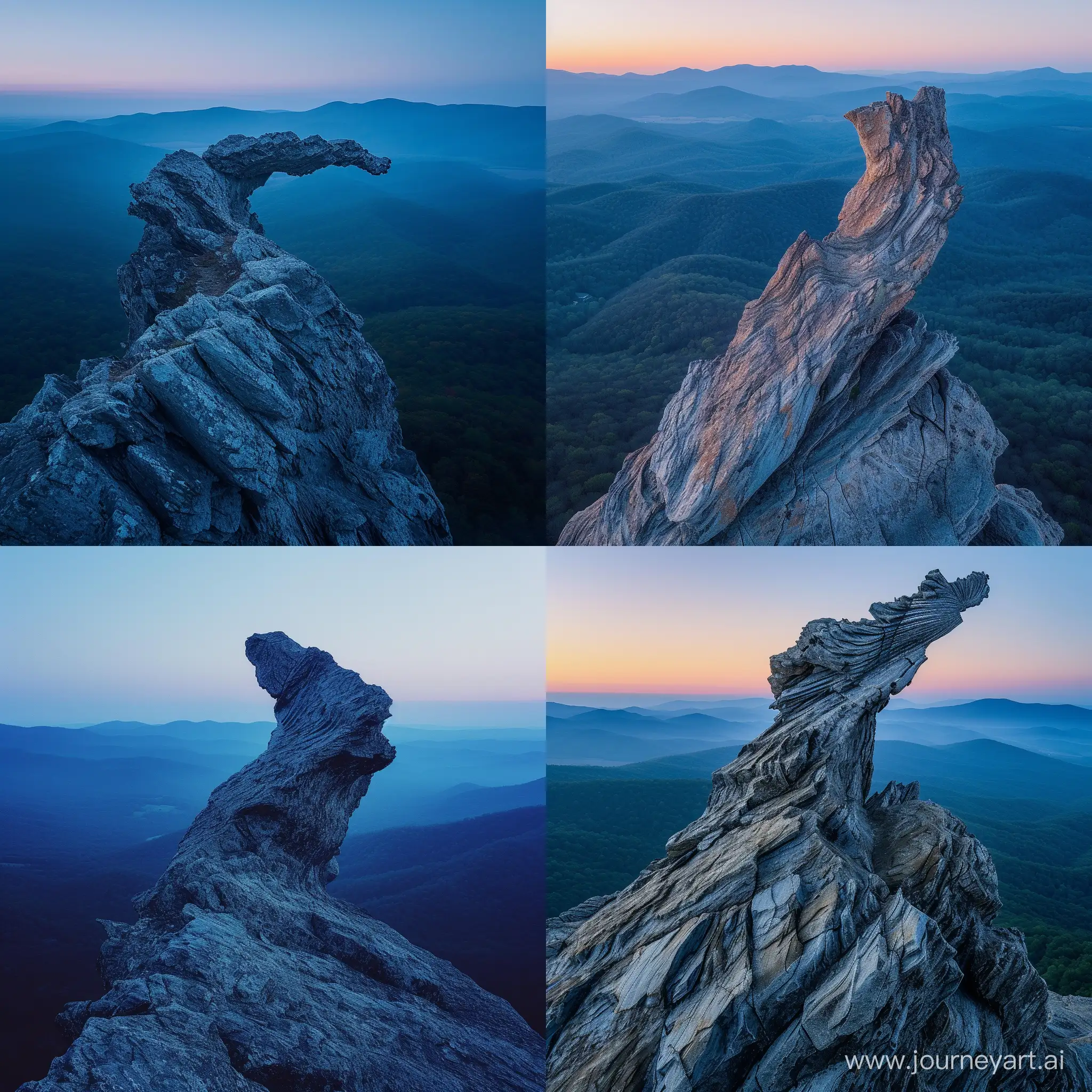 photo of humpback rock outcrop, outcrop is in the shape of a humpback whale breaching, looks extremely similar to a humpback whale, virginia, rolling blue ridge mountains in the background fading into deep blue, drone photography looking at the outcrop, extreme wide shot, early morning, crisp, award winning landscape, sunrise, beautiful, gently lit by the sunrise