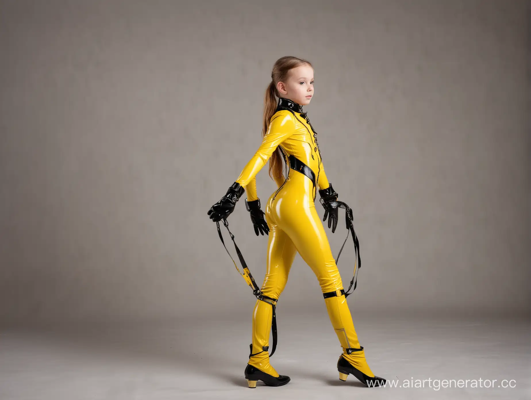 7 year old girl, latex catsuit black, harness yellow, corset, collar, in full growth, sport gymnastic