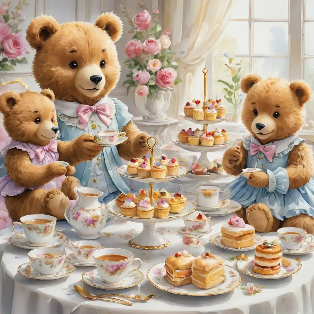 Enchanting Teddy Bear Tea Party with Elegant Bears and Delightful Pastries